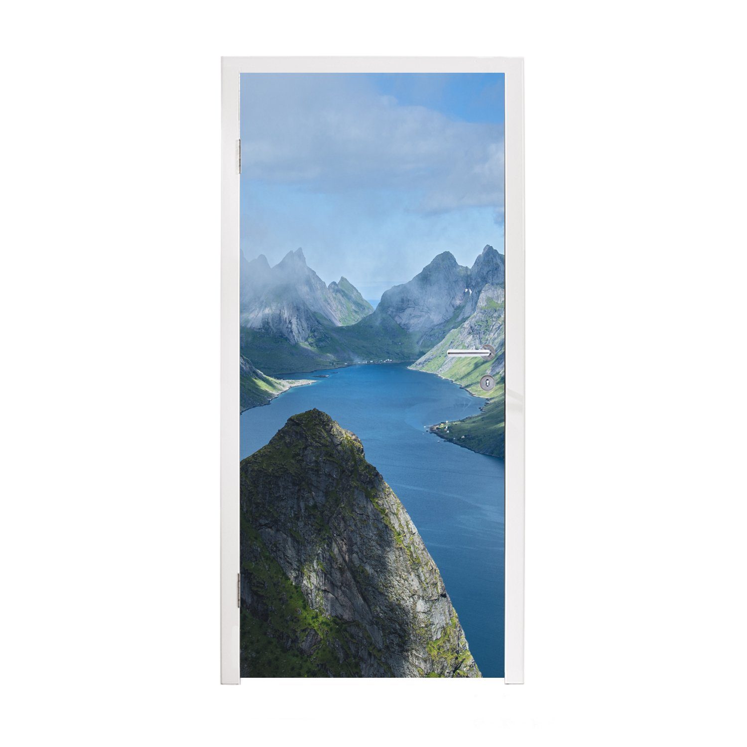 Tür, Türtapete Norwegen, Blick über Türaufkleber, in die Fototapete cm (1 bedruckt, Matt, St), MuchoWow für 75x205 Fjorde