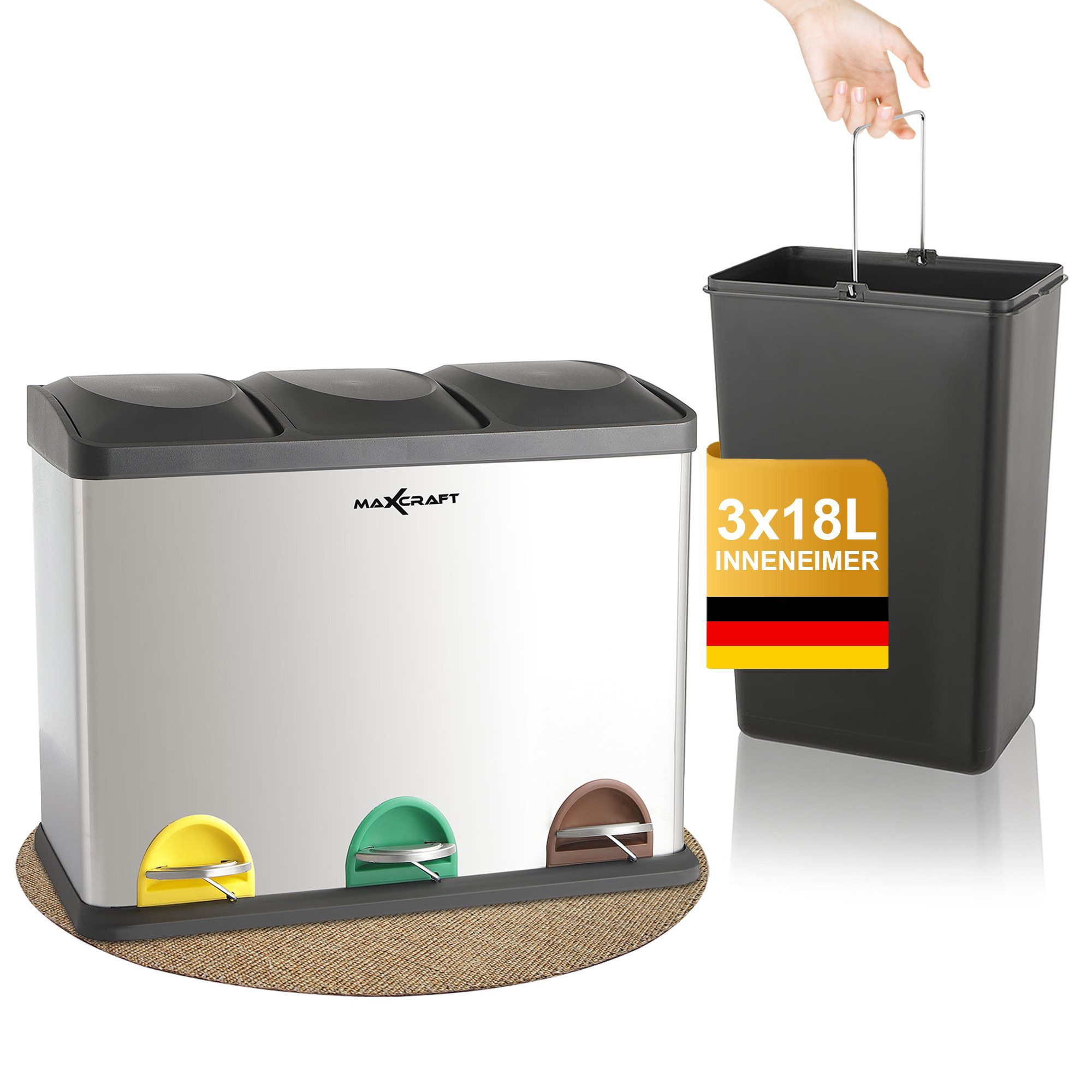 MAXCRAFT Biomülleimer Mülleimer / Treteimer mit 3 Behältern - 54 Liter (3 x 18 Liter)
