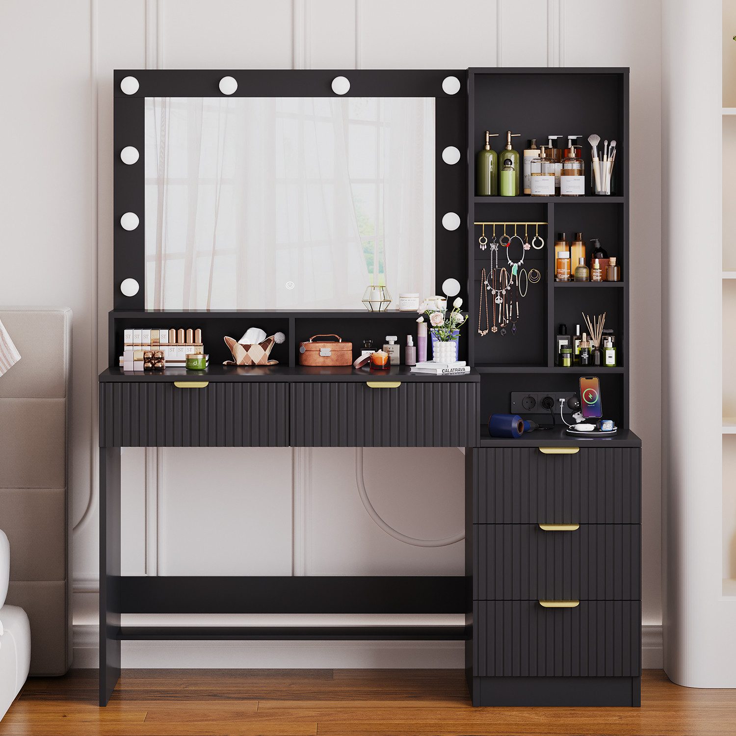 HOMALL Schminktisch Vertikale Streifen mit 5 Schubladen und 7 offenen Fäche günstig online kaufen