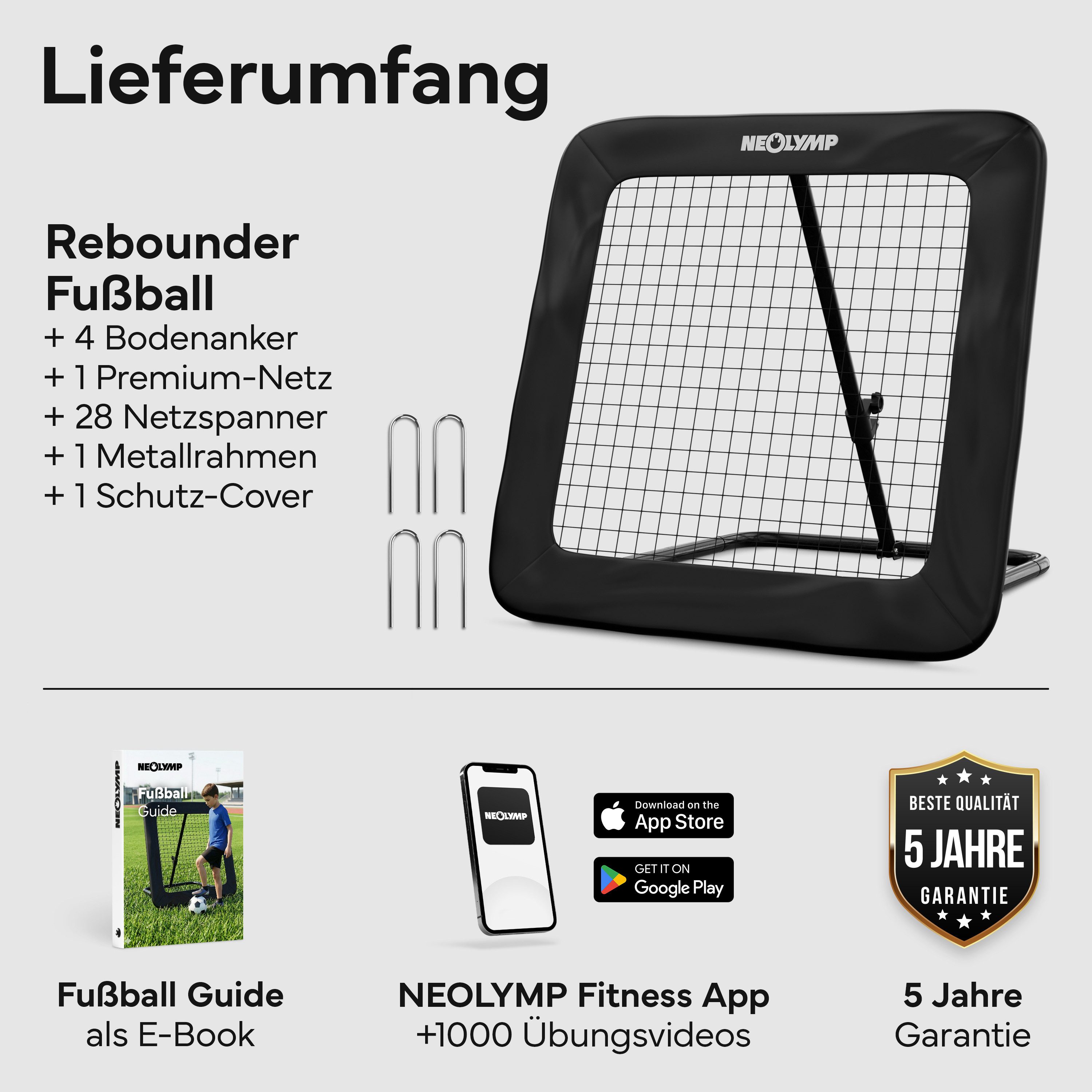 NEOLYMP Rebounder für Fußball – Stufenlos verstellbar für intensives Training, (Rebounder – für Schusstechnik, Pässe & Ballannahme), Fußball Trainingszubehör mit Metallrahmen – für drinnen und draußen