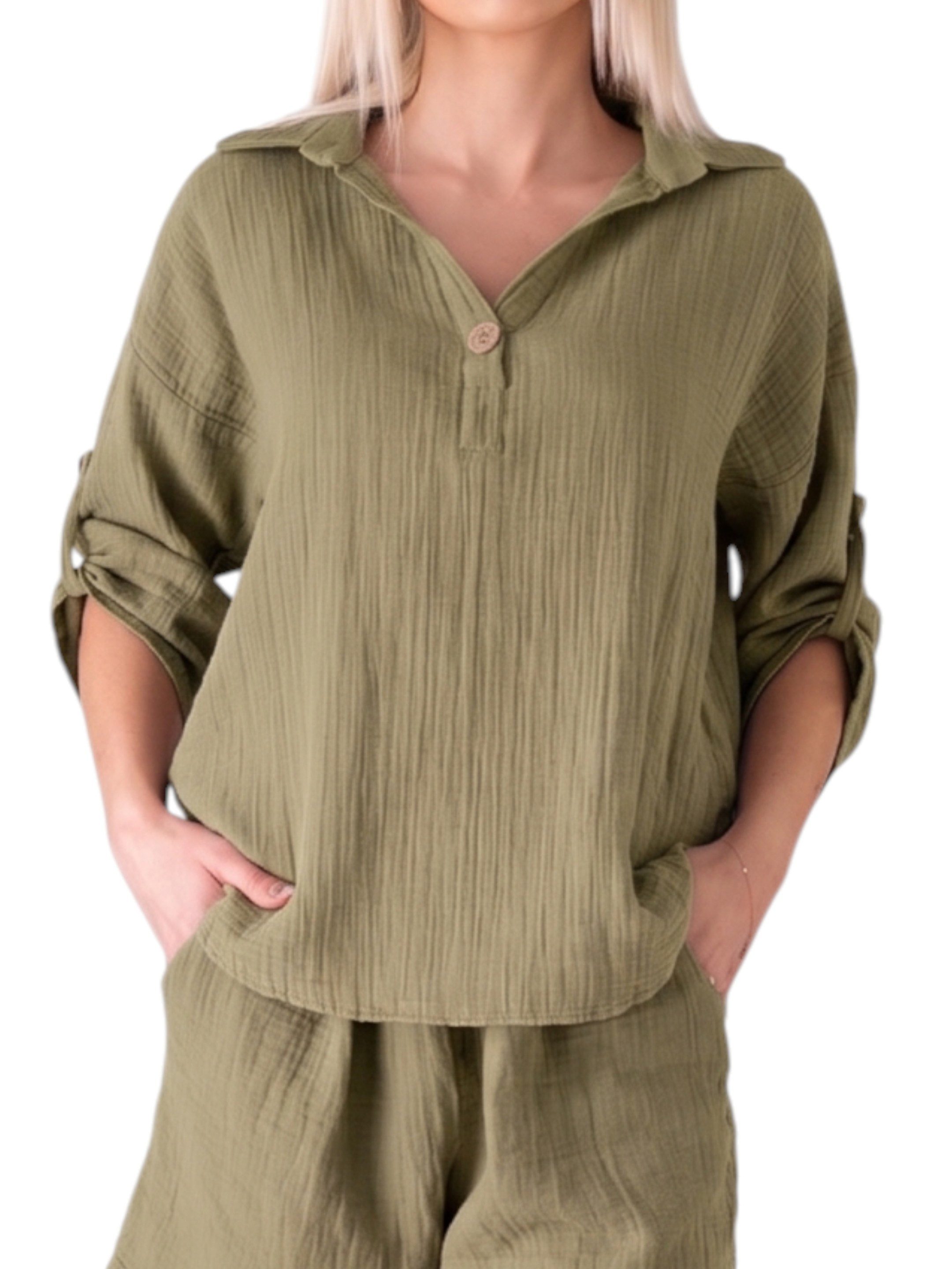 WENOR Schlupfbluse Damen Musselin 100% Baumwolle – Oversize Sommerbluse One Size mit Kokosknopf, Krempelärmel & Seitentaschen – Naturmaterial – Bild 5 von 5
