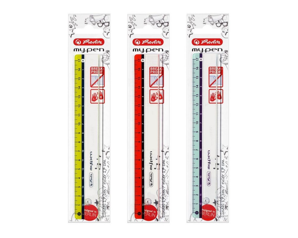 Thumbnail - Herlitz Lineal 3x Herlitz Lineal "my.pen" / 17cm / Farbe: je 1x rot, türkis, grün
