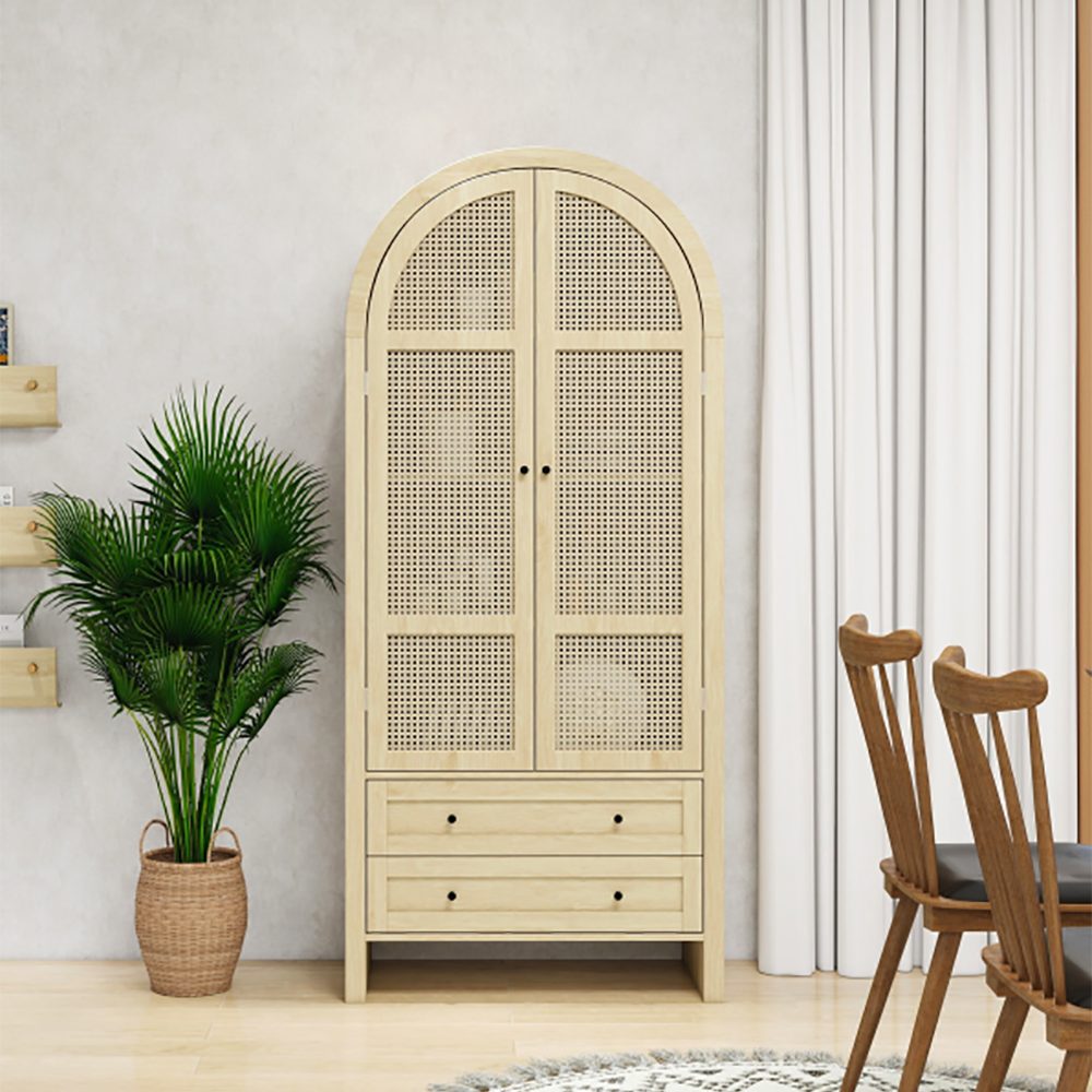 Sweiko Hochschrank Aufbewahrungsschrank (Geflochtene Rattangittertür, zwei Schubladen, natürliche Farbe) Maße: 79 × 39,5 × 178 cm.