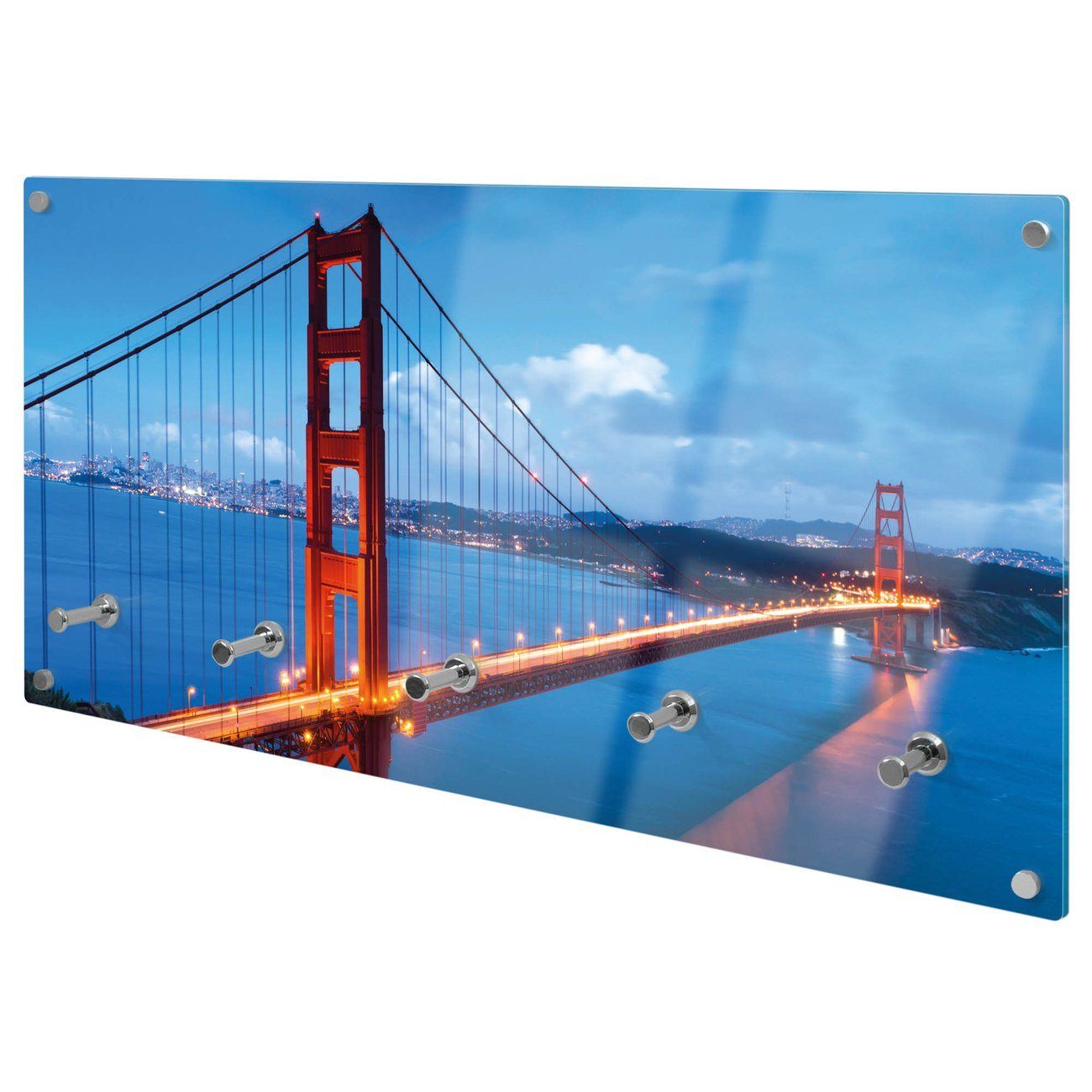 banjado Garderobenleiste Glas Golden Gate Bridge (Wandgarderobe, mit verchromten Haken), inkl. Montagematerial