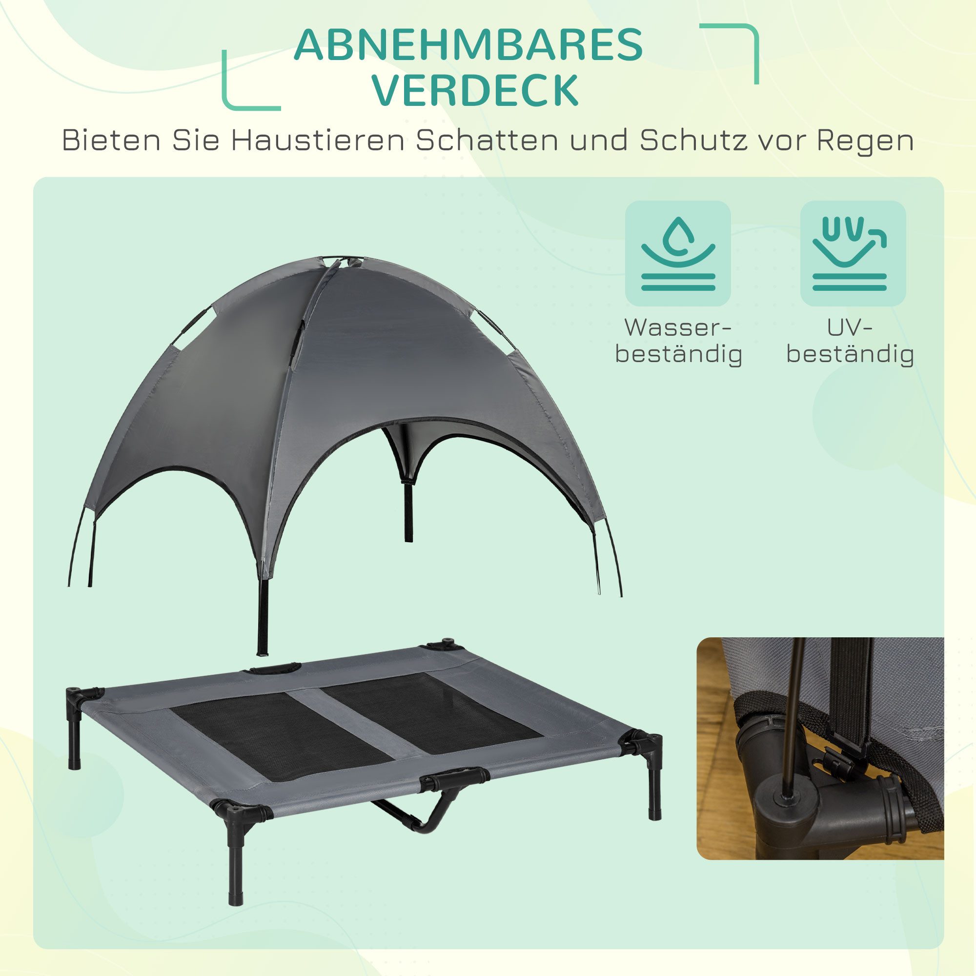 PawHut Tierbett Hundeliege mit Baldachin, erhöht, atmungsaktiv, für Camping, Oxford, Netzstoff, Taftstoff, für Garten, Balkon, Grau – Bild 5 von 5