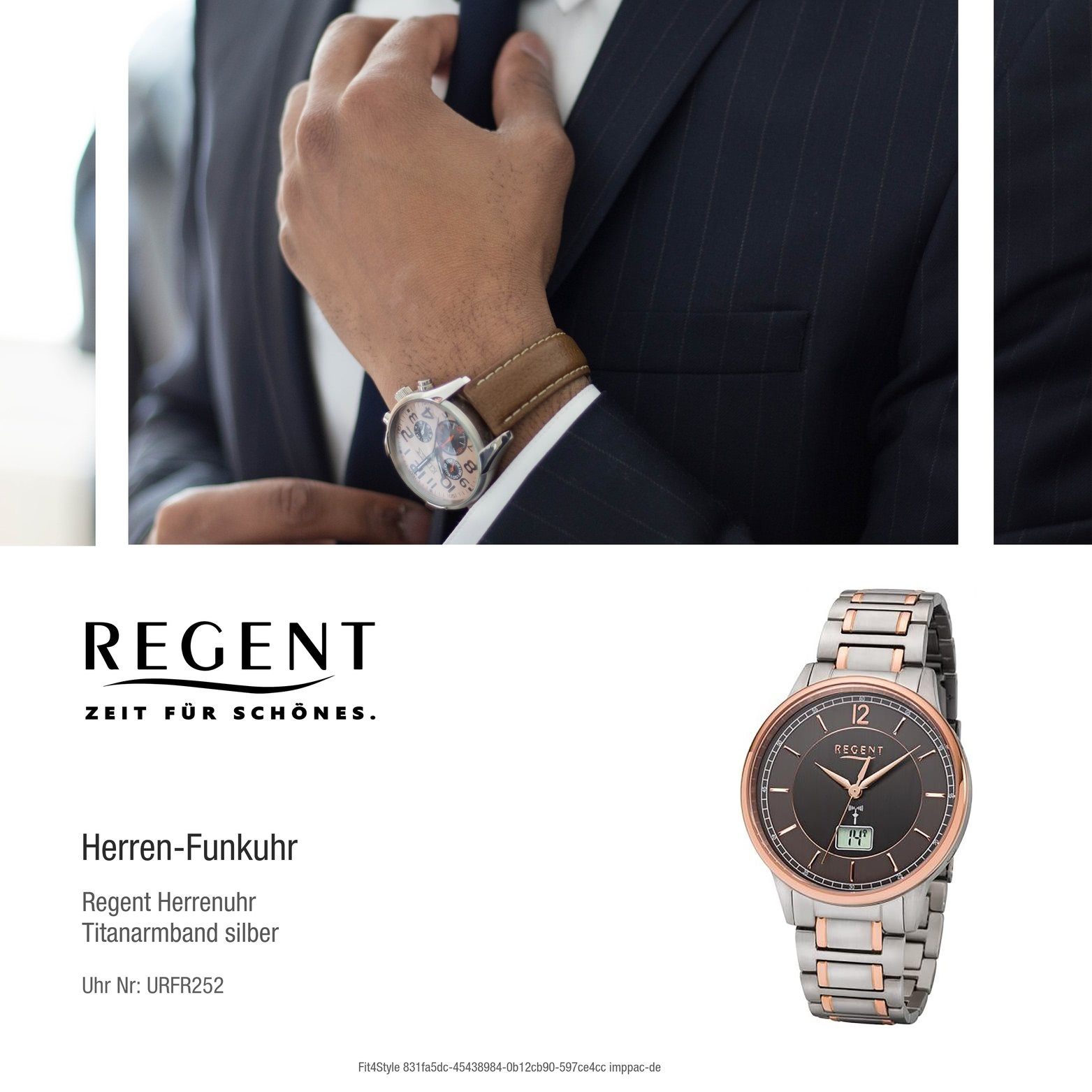 rundes 41mm), Regent Herrenuhr Armbanduhr, Herrenuhr Gehäuse Titanarmband, Regent Funkuhr FR-252 Elegant-Style Titan mit (ca.