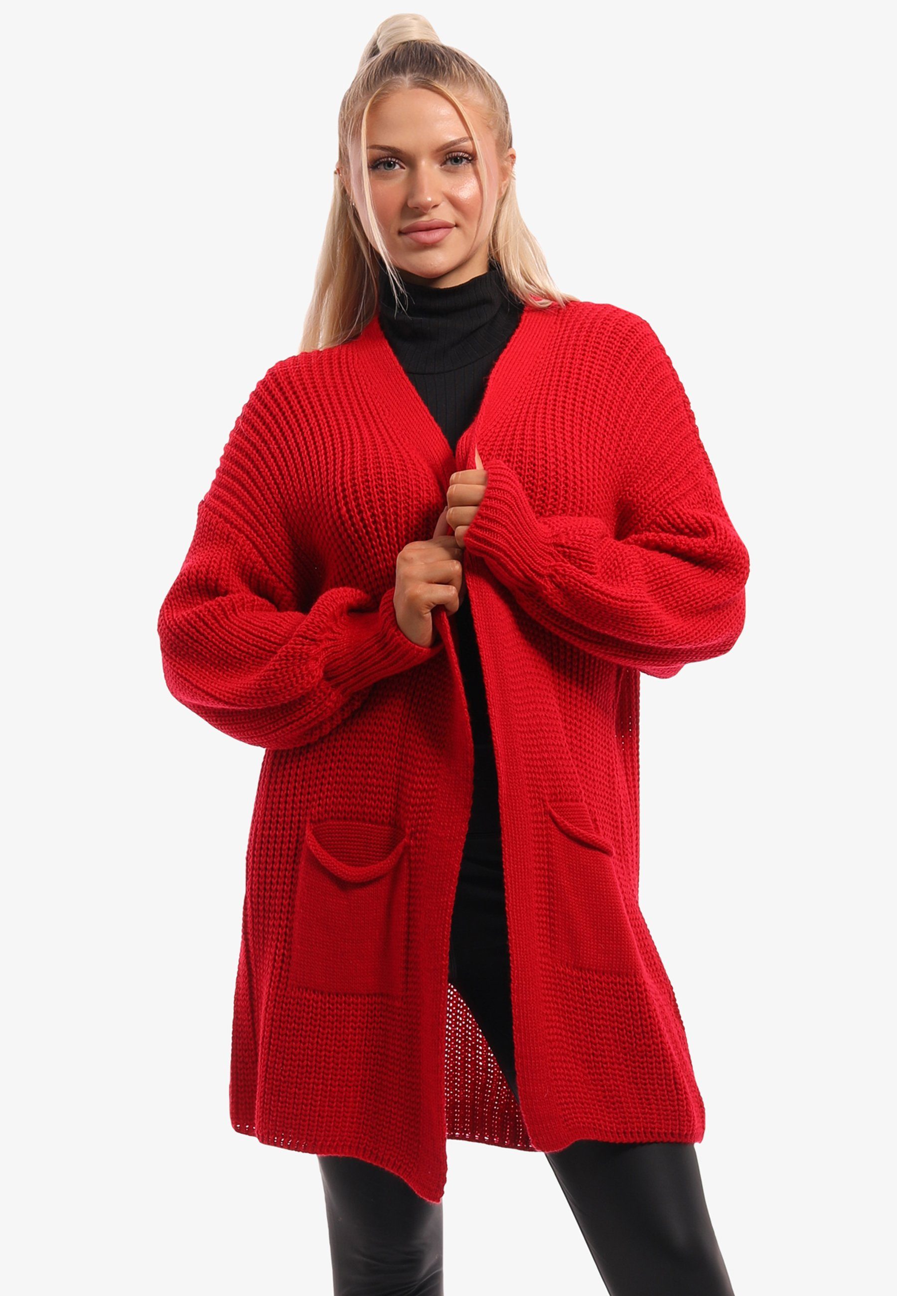 YC Fashion & Style mit aufgesetzten One Cardigan Taschen Unifarbe, Taschen in mit rot Strick-Cardigan Size
