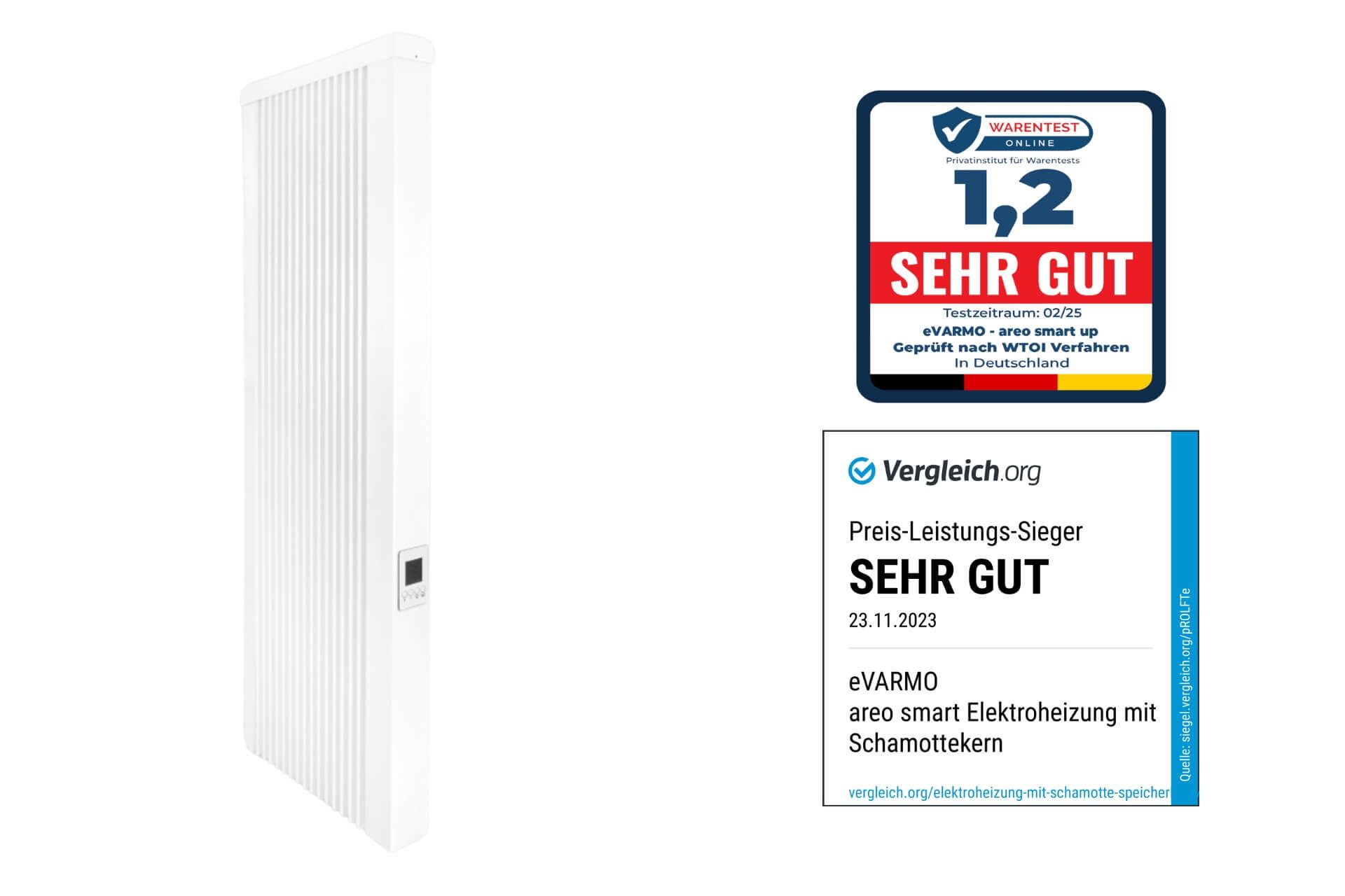 eVARMO Elektro-Heizkörper Flächenspeicherheizung areo smart up, Digitales Thermostat mit LCD-Display und 4 Knöpfen