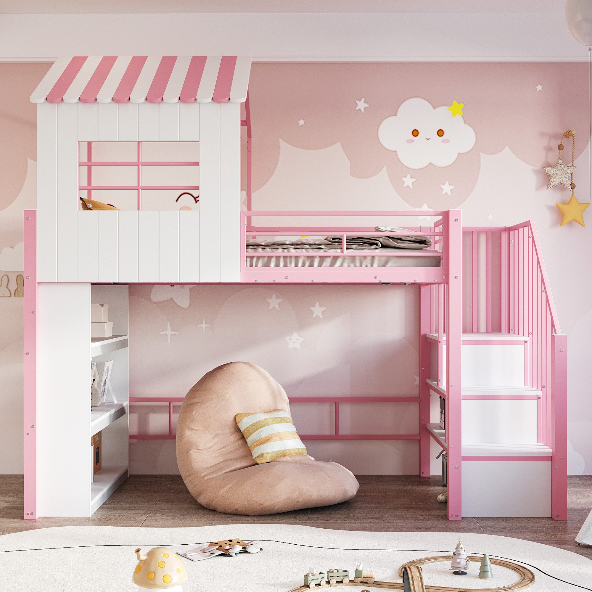 OKWISH Hochbett Kinderbett Stauraumbett (mit hohem Schutzgitter & Stauraumregal – Sicherheitstreppenmontage links/rechts, 90x200 cm) ohne Matratze