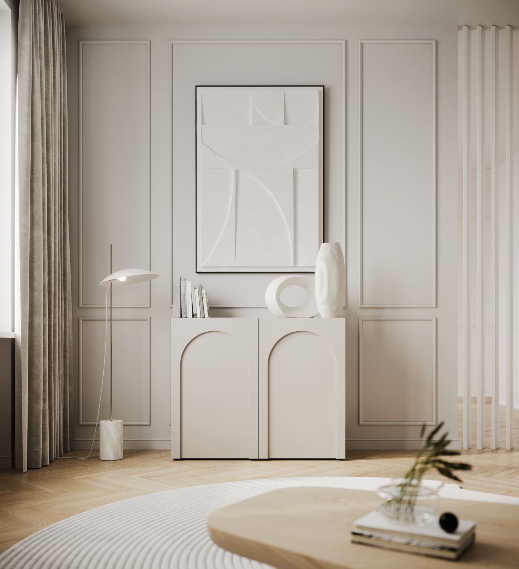 Selsey Sideboard ARKADIA, Sideboard mit grifflosen Türen mit Bogenausschnitt, Greige