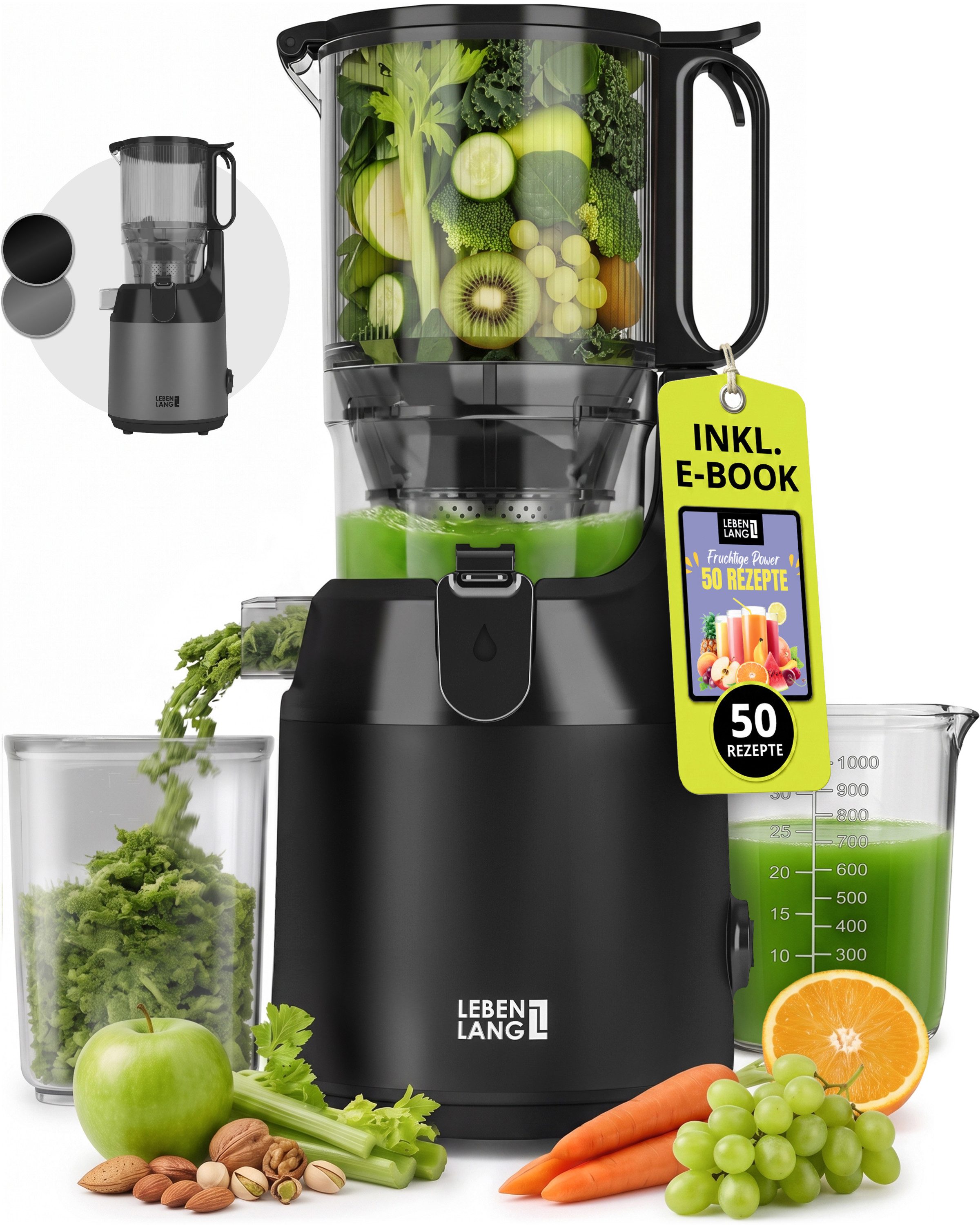 Lebenlang Slow Juicer Entsafter mit großer Öffnung, Für ganze Früchte und Gemüse, Rezepte, 250 W, BPA-Frei, Hohe Saftausbeute, Erhalt der Nährstoffe