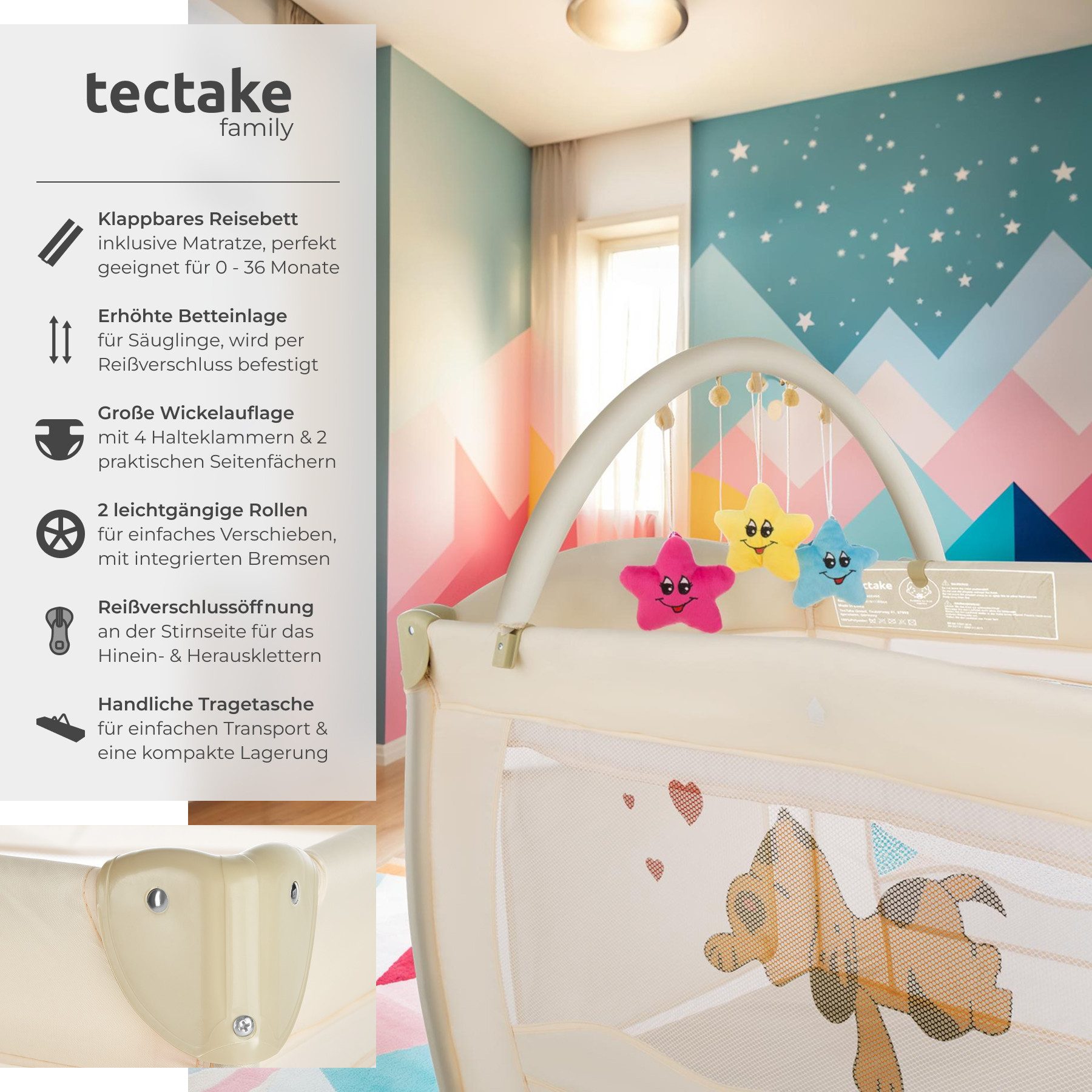 tectake Baby-Reisebett Kinderbett mit Wickelauflage und Transporttasche 132 günstig online kaufen