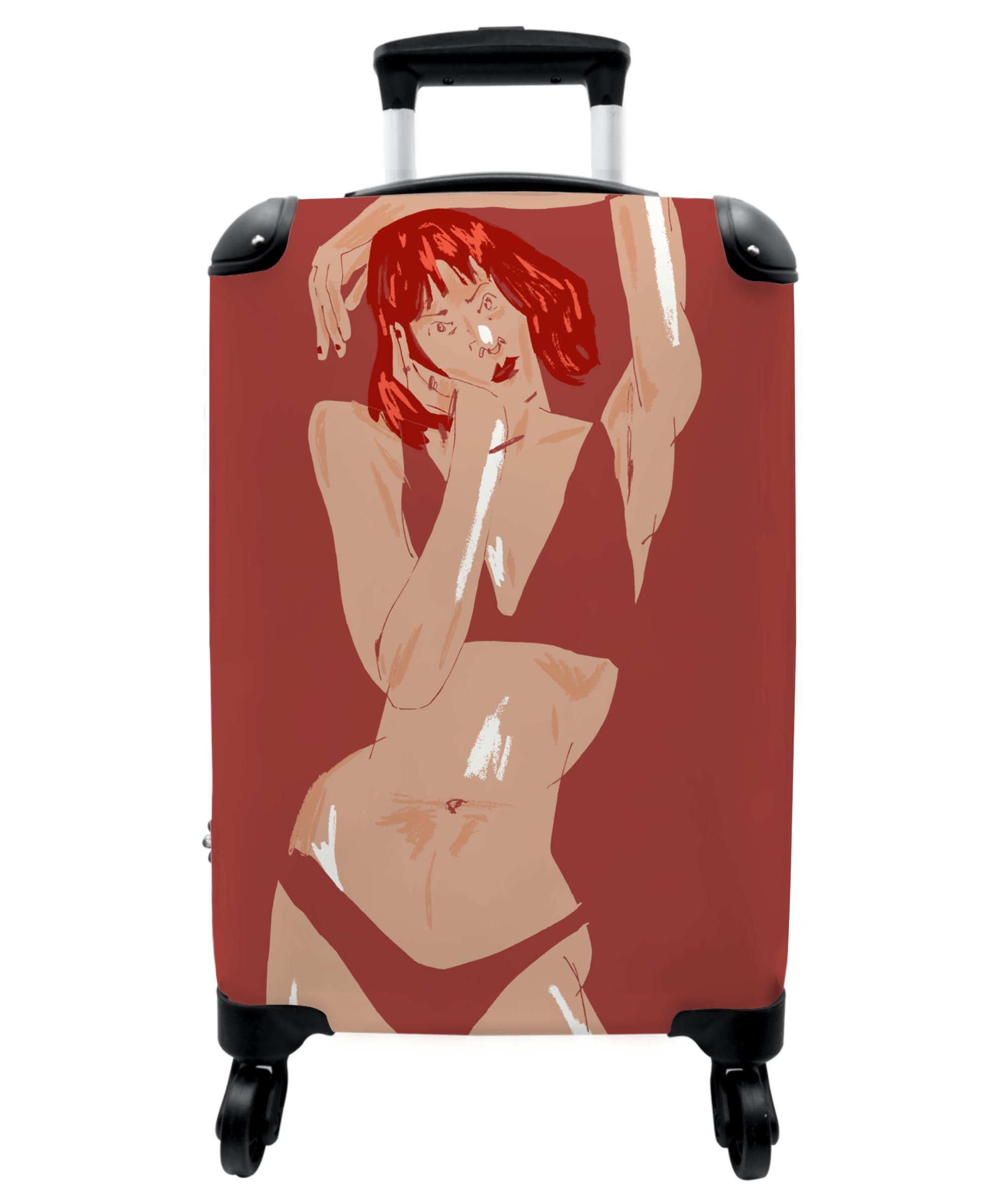 NoBoringSuitcases.com© Handgepäckkoffer 55x35x20cm Frau - Rot - Abstrakt - Porträt, 4 Rollen, Handgepäck Trolley Rollkoffer Kleine Reisekoffer mit 4 Rollen - Cabin