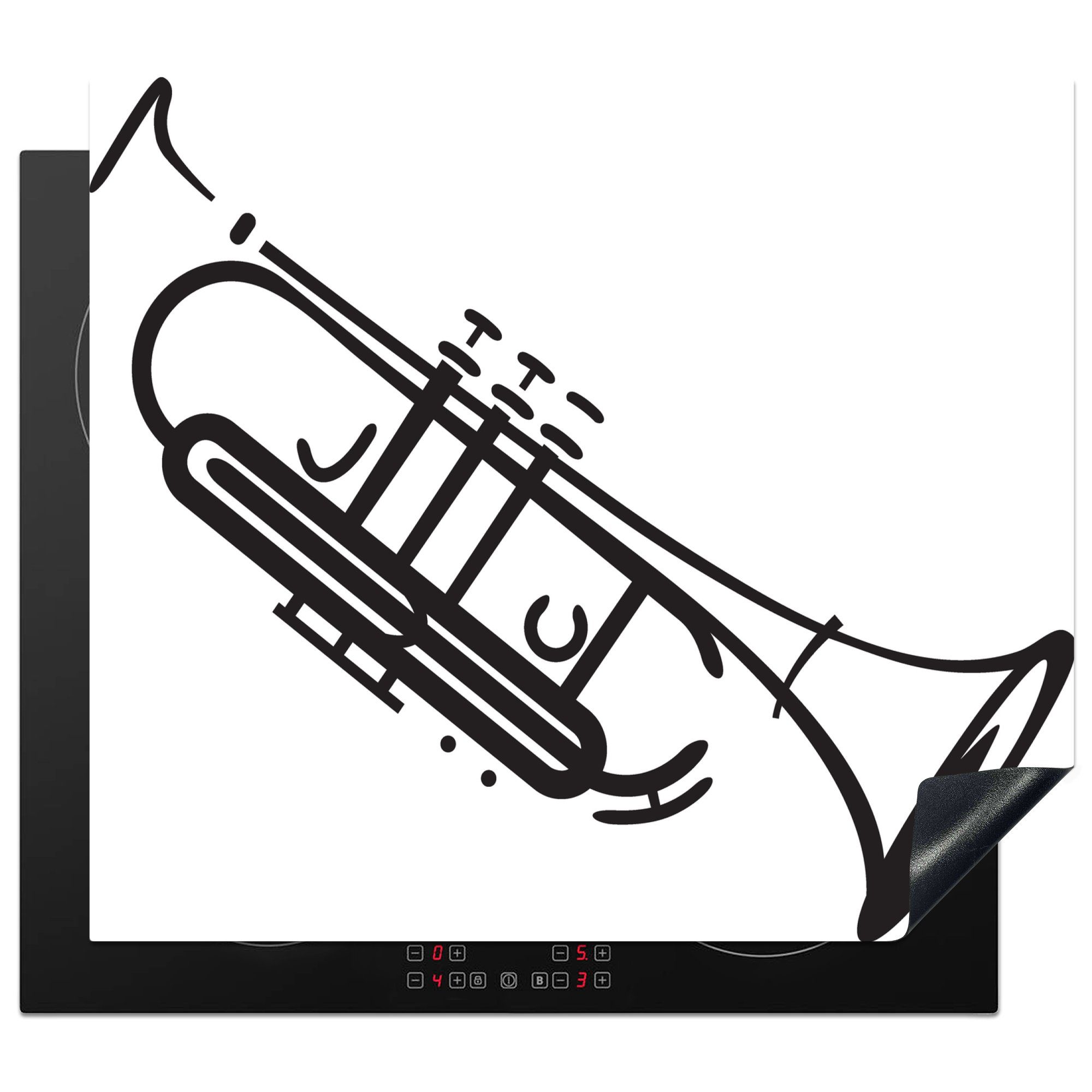 MuchoWow Herdblende-/Abdeckplatte Schwarz-weiße Illustration einer Trompete, Vinyl, (1 tlg), 60x52 cm, Mobile Arbeitsfläche nutzbar, Ceranfeldabdeckung
