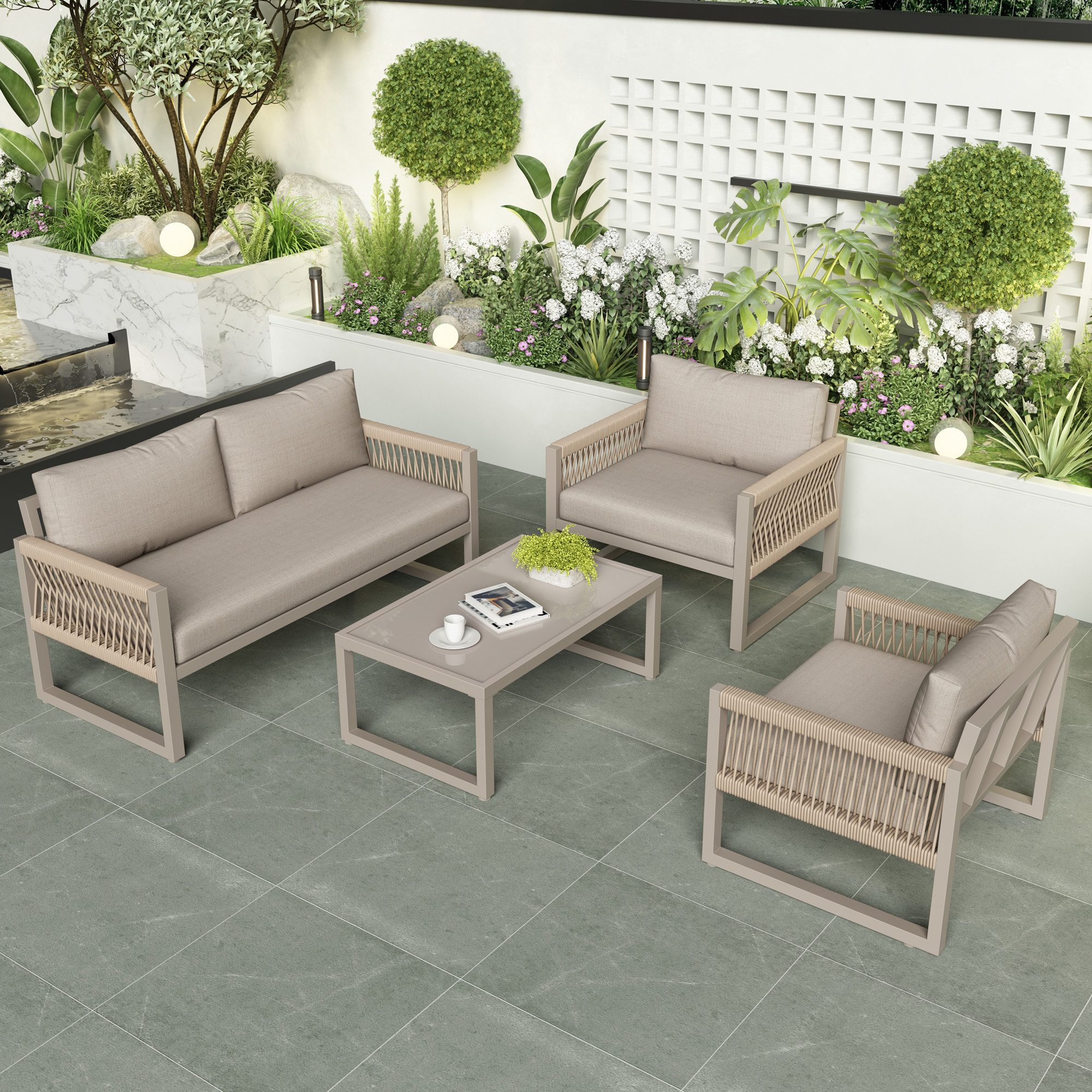 Flieks Gartenlounge-Set, 4 Sitzer Gartenmöbel Sitzgruppe Balkonset aus Eisen und Seil