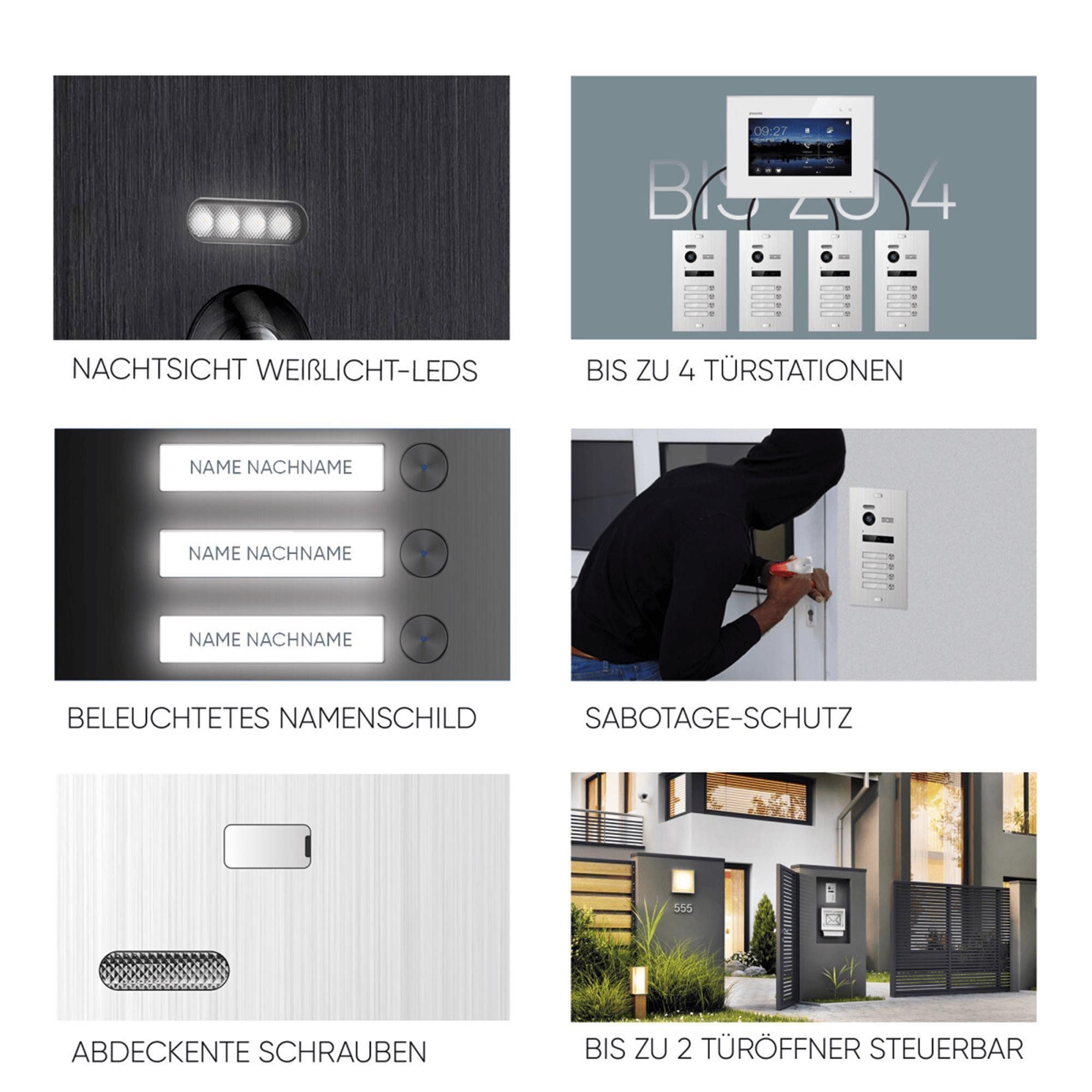 Balter Video-Türsprechanlage BALTER HD Türsprechanlage EVO mit 11x 7" 11-Familienhaus Silber Weiß (Set, 11-Familienhaus, Komplettset, Full HD 175° Kamera, Touchscreen-Monitor)