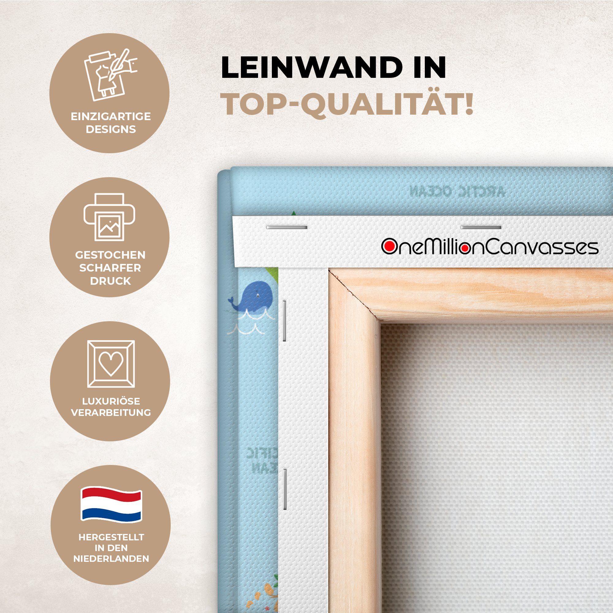 OneMillionCanvasses® Leinwandbild Weltkarte - Kinder - Tiere - Blau - Grün, Fotodruck (1 St), Leinwand Bilder Klein, Wand Dekoration Aesthetic 30x20 cm