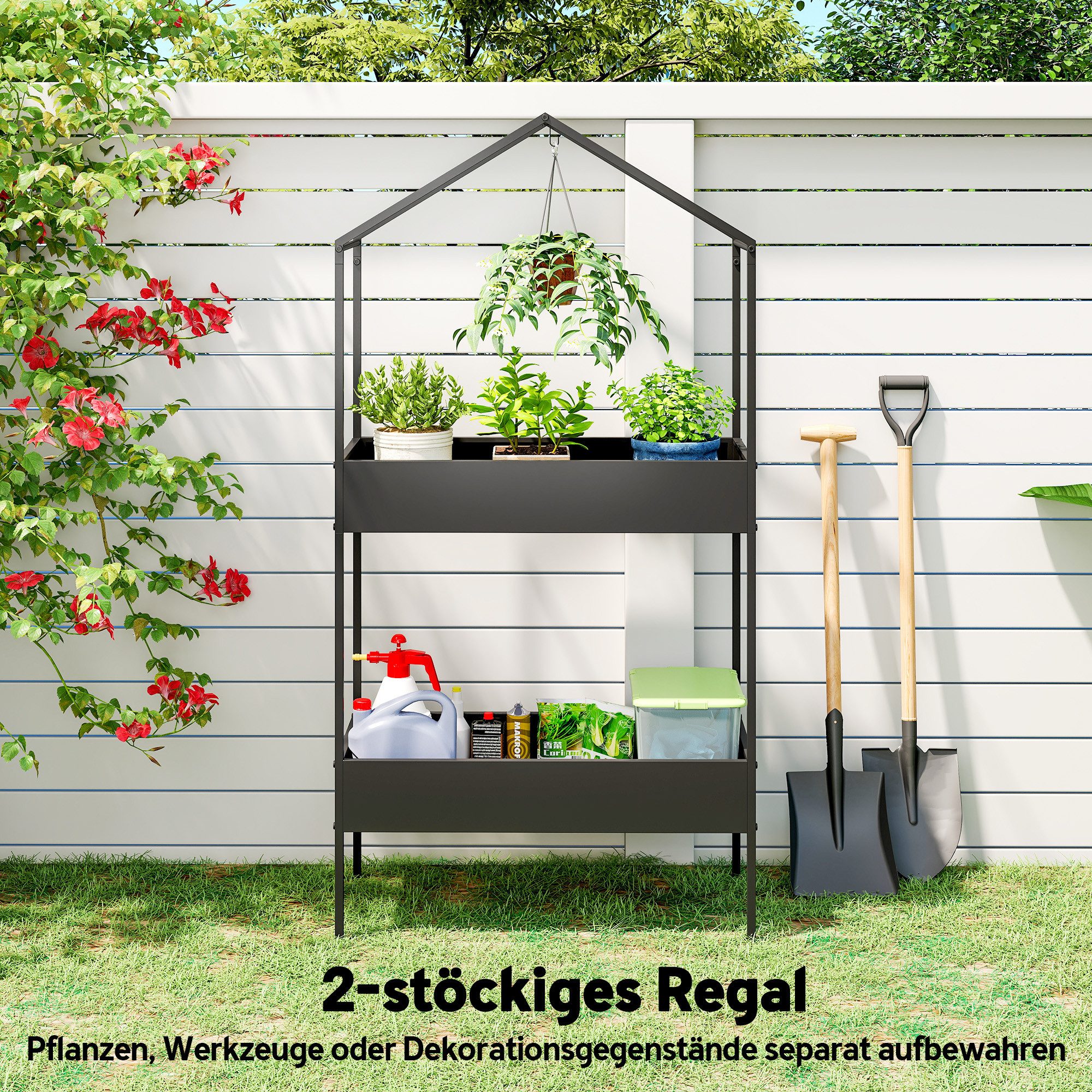 Outsunny Pflanzentreppe Pflanzenregal mit Haken, mehrstöckig Blumentopfständer (Blumenständer, 1 St., Pflanzenständer), für Garten Balkon Deko, Schwarz – Bild 5 von 5