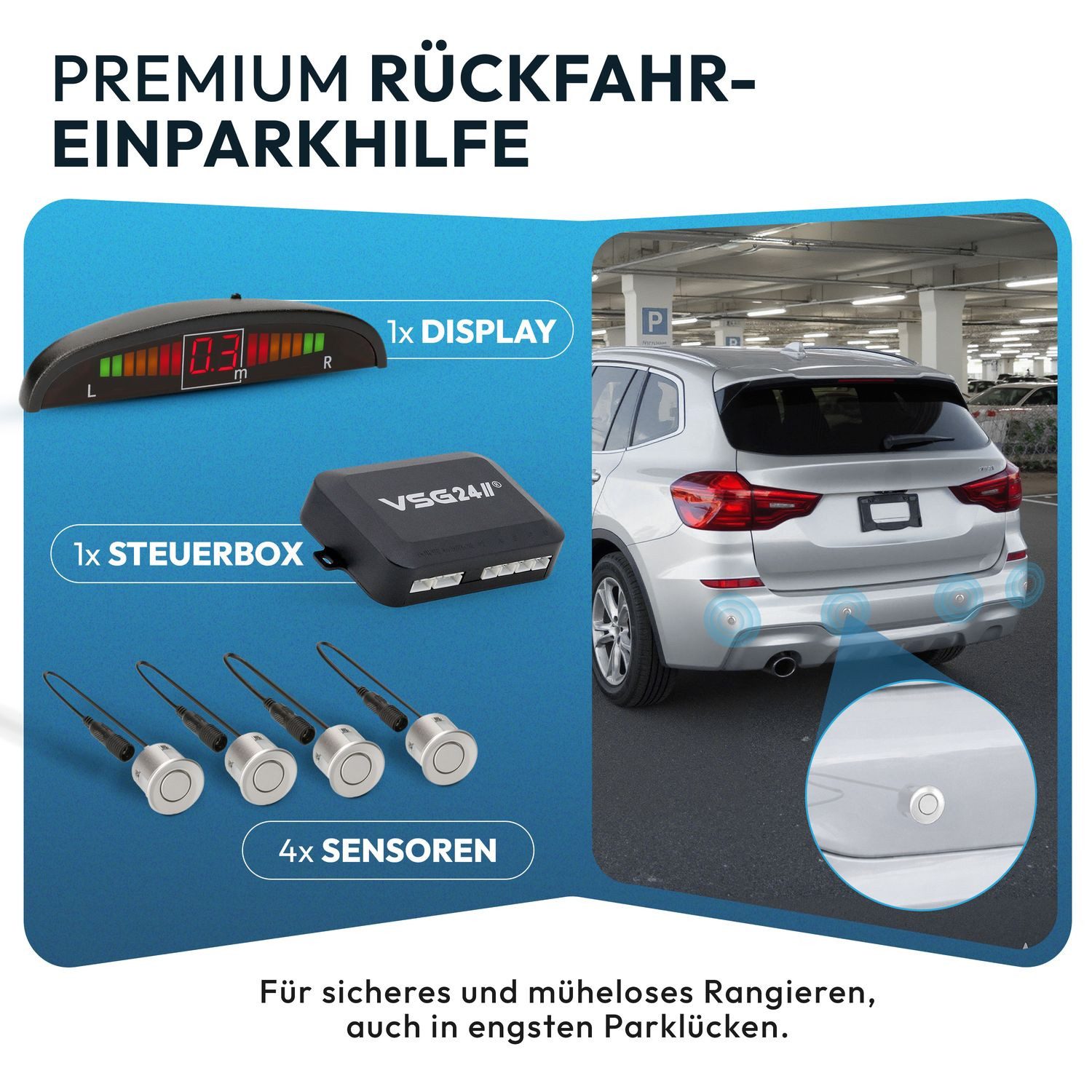 VSG24 Premium Display Einparkhilfe ECHO PLUS Parkhilfe zum nachrüsten PDC Rückfahrkamera (Rückfahrwarner mit Display & 4 Sensoren Stecksystem Nachrüstsatz)