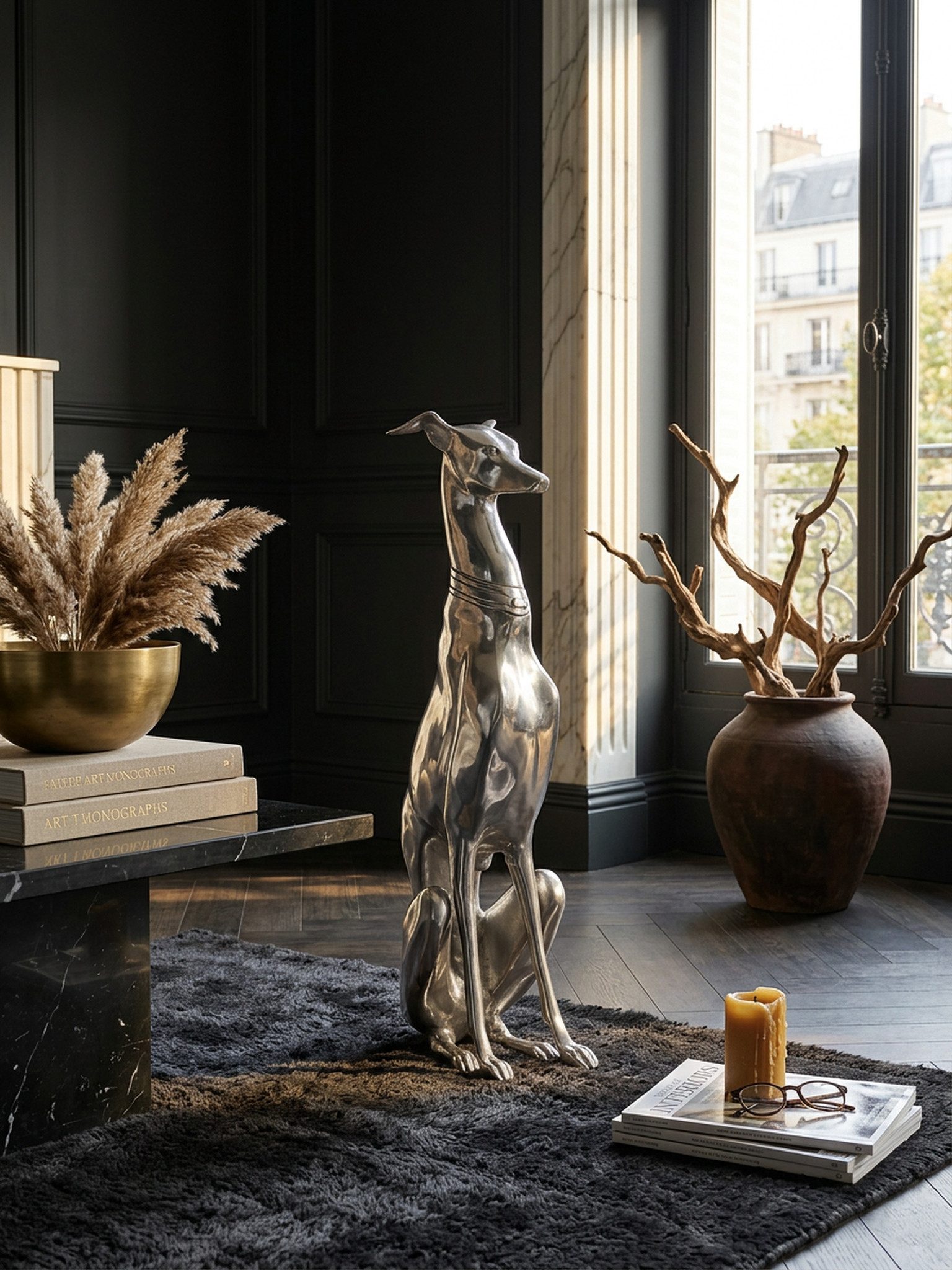 KADIMA DESIGN Dekofigur Dekoration Design Dog aus Aluminium silbern Windhund Skulptur