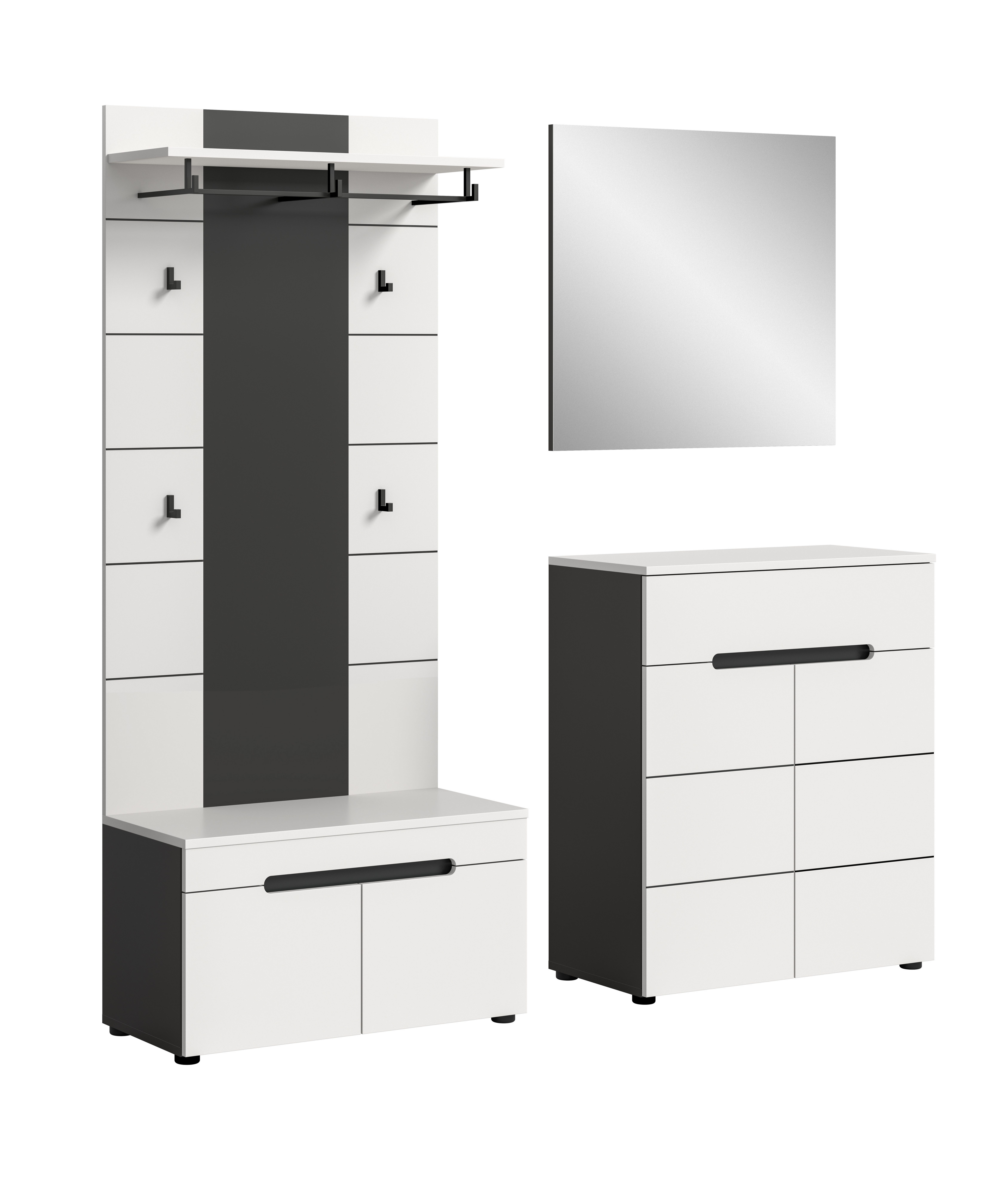 furnling Garderoben-Set Cano, (4-St., Garderobenpaneel, Schuhkommode, Sitzbank, Spiegel), Flurmöbel, Garderobenmöbel, Breite 175 cm, Basalt grau/weiß