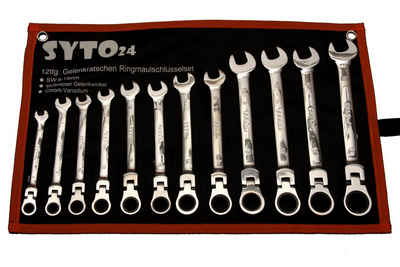 PeTools Ratschenringschlüssel 12-tlg Gelenk-Ratschen-Schlüssel Maul-Schlüssel 72 Zähne 8-19 mm 5° Ringratschen (12 St), hrom-Vanadium-Stahl
