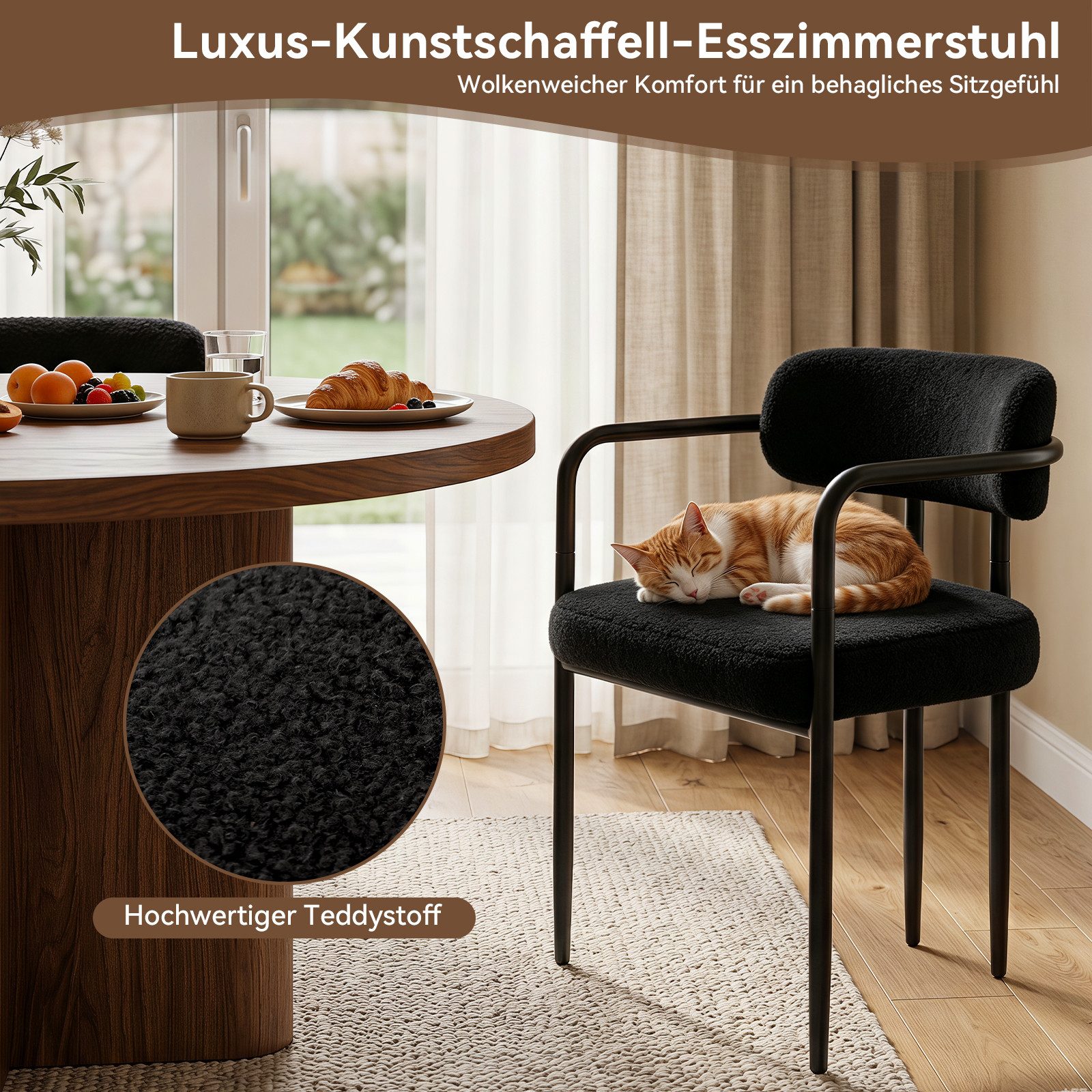 Puluomis Esszimmerstuhl mit Armlehnen, gepolsterten Sitz, Teddyfleece Bezug weiß (Set, 6 St) – Bild 4 von 5