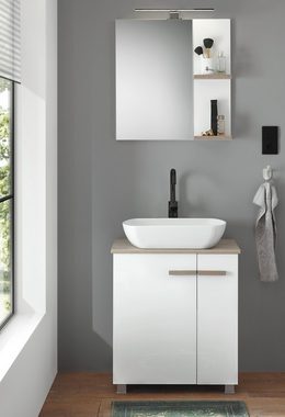 Furn.Design Badmöbel-Set Dense, (in weiß Hochglanz und Eiche, 4-St., inklusive Waschbecken und LED-Beleuchtung), stehend/hängend