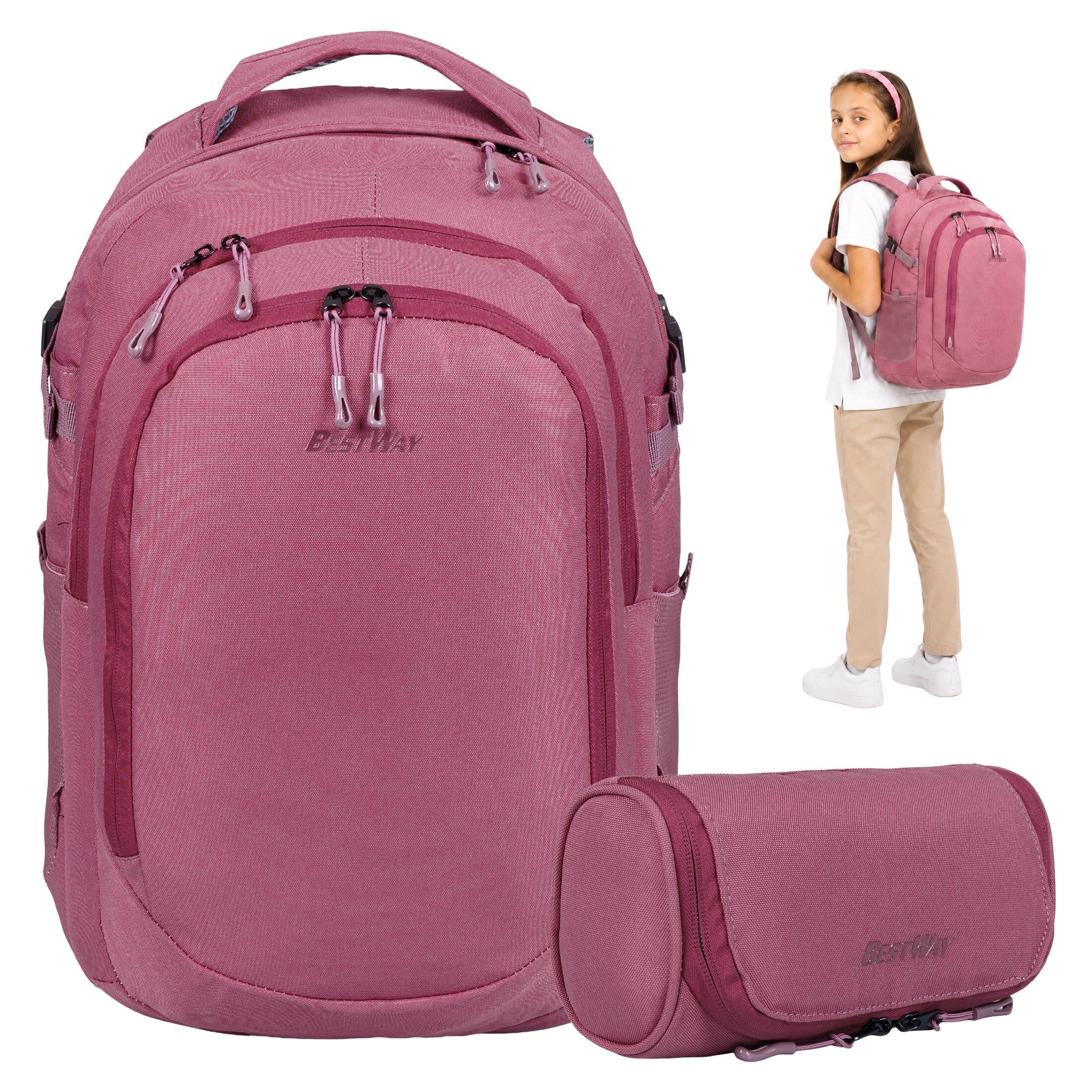 BESTWAY Schulrucksack Mädchen Jungen Schultasche Schulmappe Rucksack (2 Teile Set: Schulrucksack + Mäppchen), Schulrucksackset Mappe Campus Evo 2T Set 40352 rm