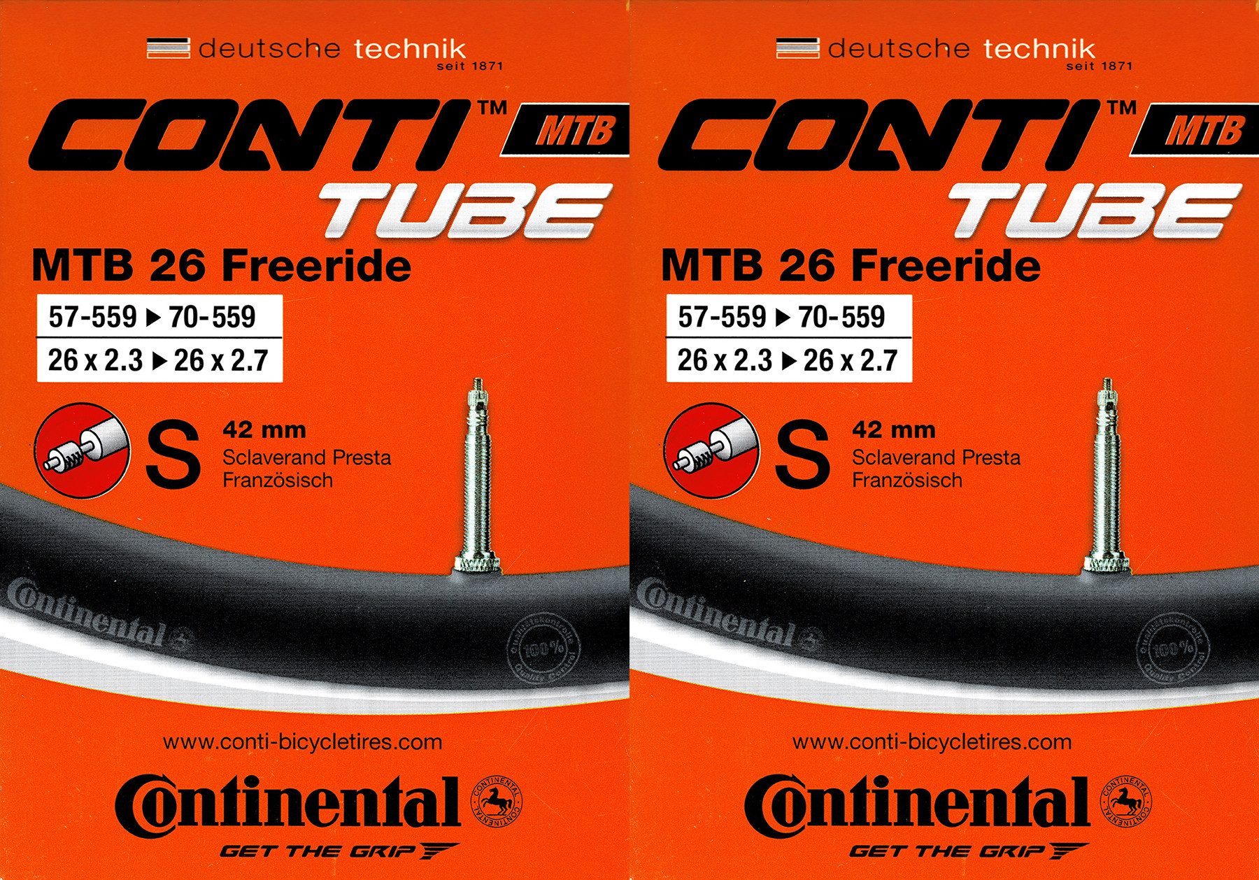 Fahrradschlauch 2x Continental MTB 26 Freeride Schlauch 26 Zoll SV (57/70-559) SV 40mm
