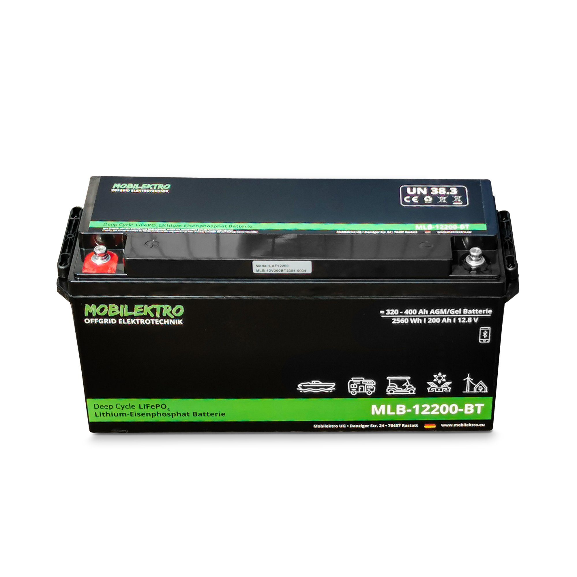 MOBILEKTRO MLB-12200-BT Batterie, (12V V), LiFePO4 200Ah, 2560Wh  Versorgungsbatterie für Wohnmobil, Boot, Solar