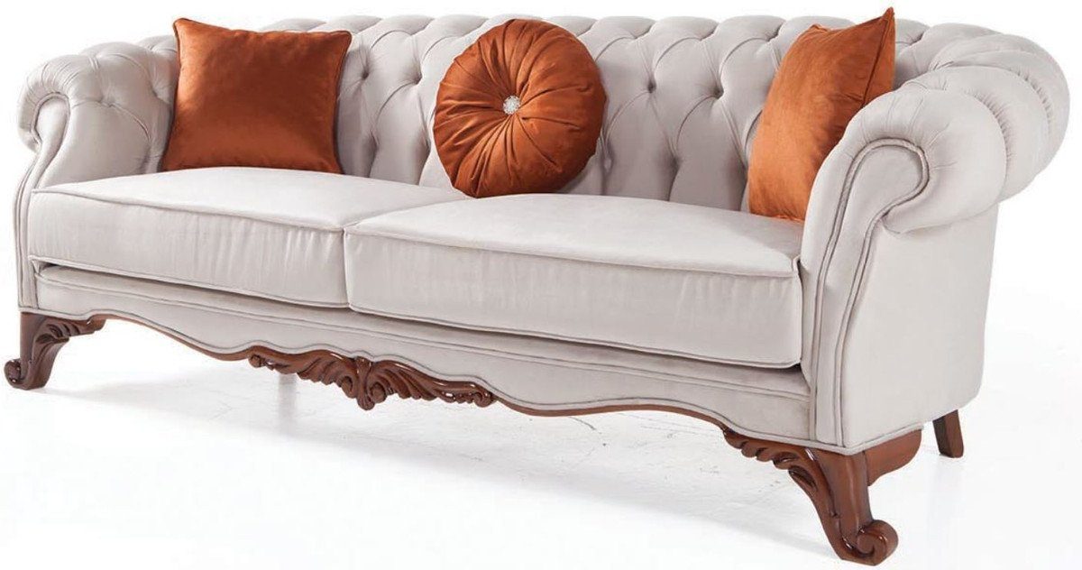 Casa Padrino Sofa Luxus Barock Wohnzimmer Sofa mit Kissen Hellgrau / Braun 240 x 102 x H. 80 cm - Barock Möbel