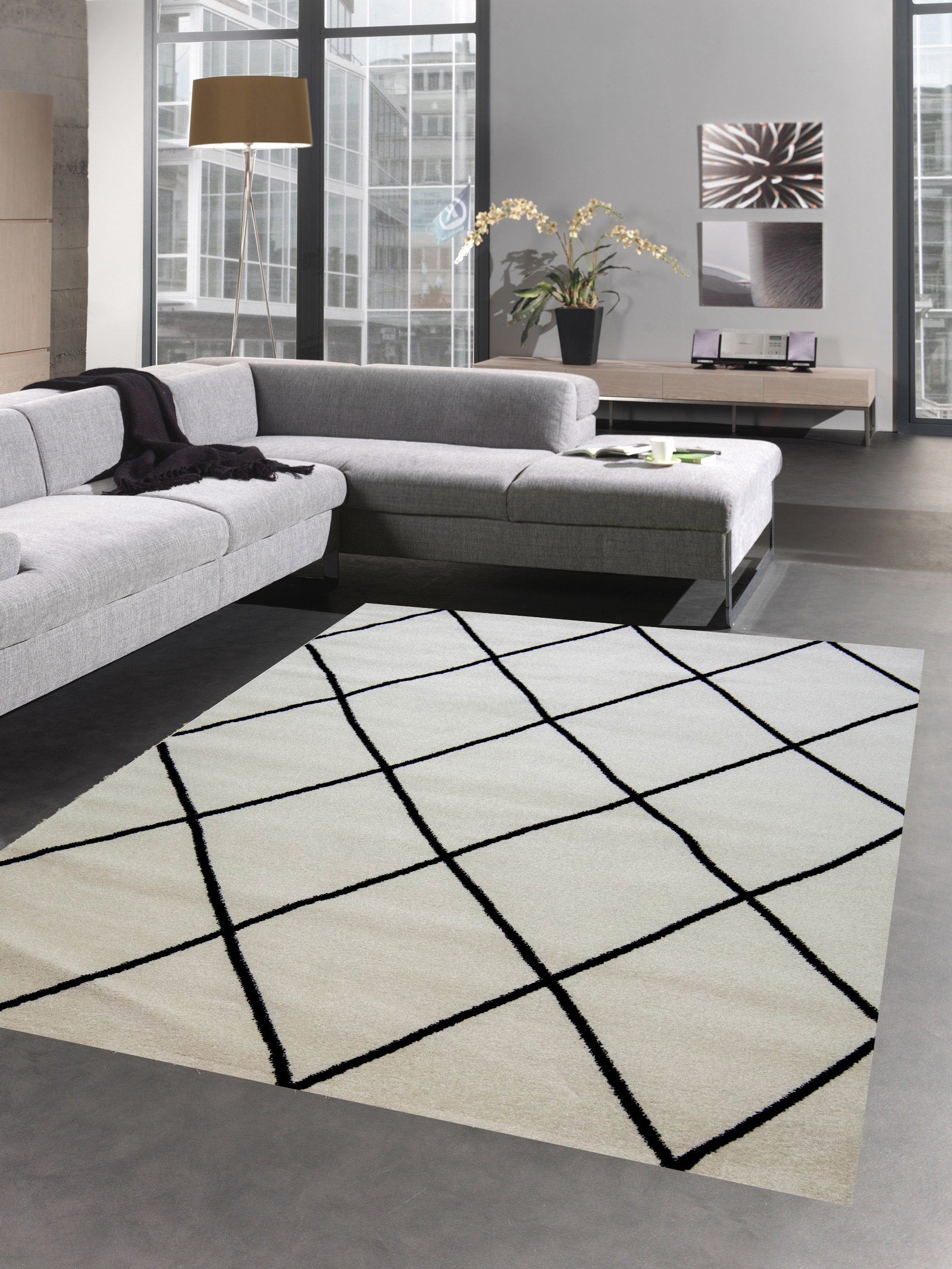 Carpetia Teppich Wohnzimmerteppich Rautenmuster Schwarz Creme günstig online kaufen