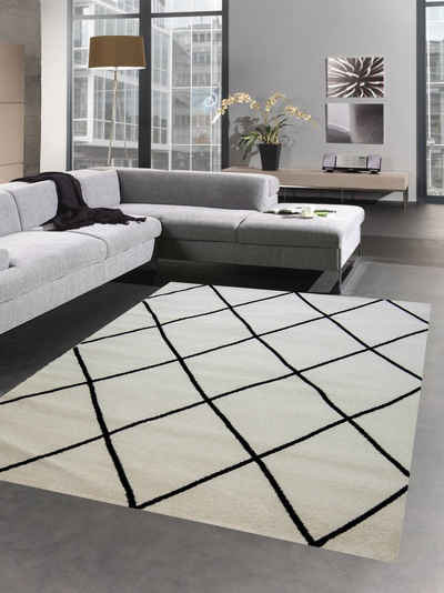 Teppich Skandinavischer Teppich Wohnzimmer Rautenmuster Schwarz Creme pflegeleicht, Carpetia, rechteckig, Höhe: 8 mm