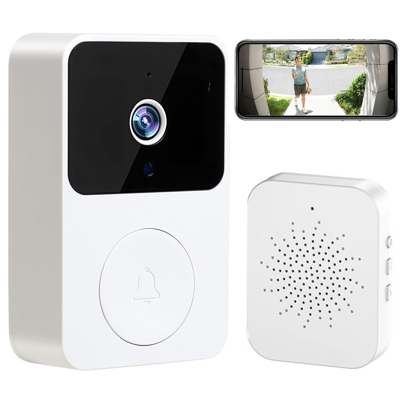 ZEUOPQ Smart Home Türklingel 1080P HD Videodoorbell Kamera, WLAN-Video-Türklingel(2.4G) (Außenbereich, Aussen, Drinnen, Kabellose funkklingel mit Klingelton, Nachtsicht, Zwei-Wege-Audio, 1-tlg., PIR Personenerkennung, 140° Blickwinkel, Batteriebetrieben, SD und Cloud-Speicher-Unterstützung)