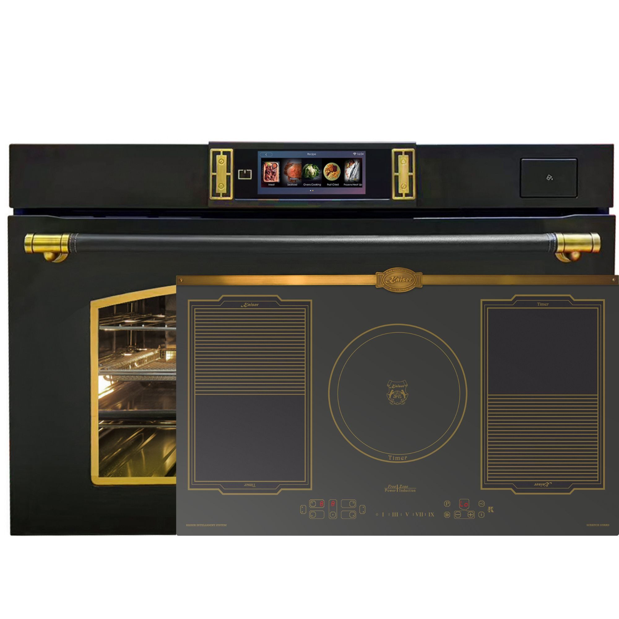Kaiser Küchengeräte Backofen-Set Herd Set Autark Retro Backofen XXL Dampfbackofen 133 L, TFT FullTouch Display, 37 Programmen: 100 % Dampfgaren, Sous-Vide, Gären, Heißluft PLUS+ Induktionskochfeld 90 cm, FREE Zone, Autark, Scratch-Guard EH 9361 AD+KCT 9196 IEm., mit 1-fach-Teleskopauszug, Hydrolyse – Dampfreinigung, Einbaubackofen mit Dampf+Induktionskochfeld