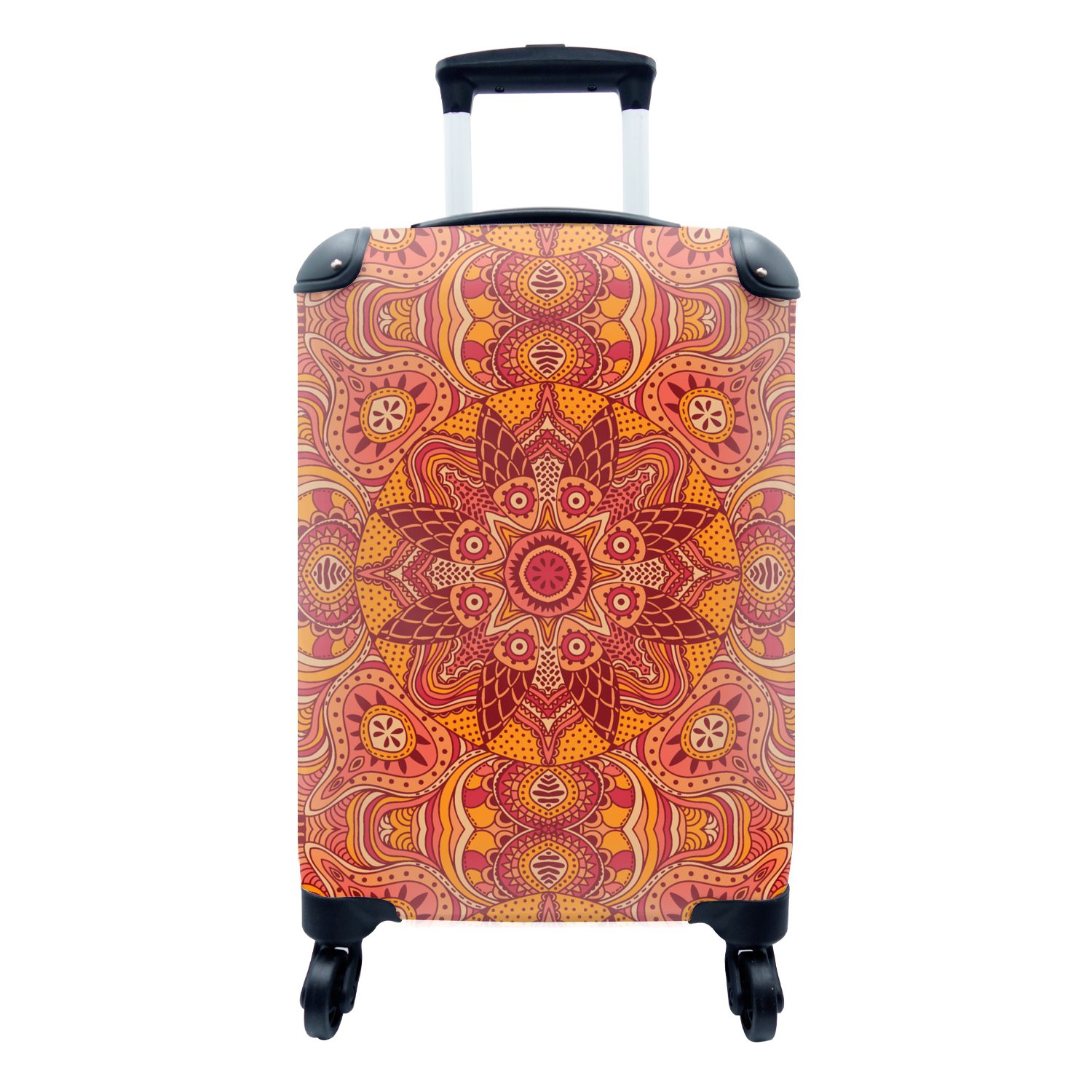 MuchoWow Handgepäckkoffer Mandala - Muster - Vintage - Orange - Rot, 4 Rollen, Reisetasche mit rollen, Handgepäck für Ferien, Trolley, Reisekoffer
