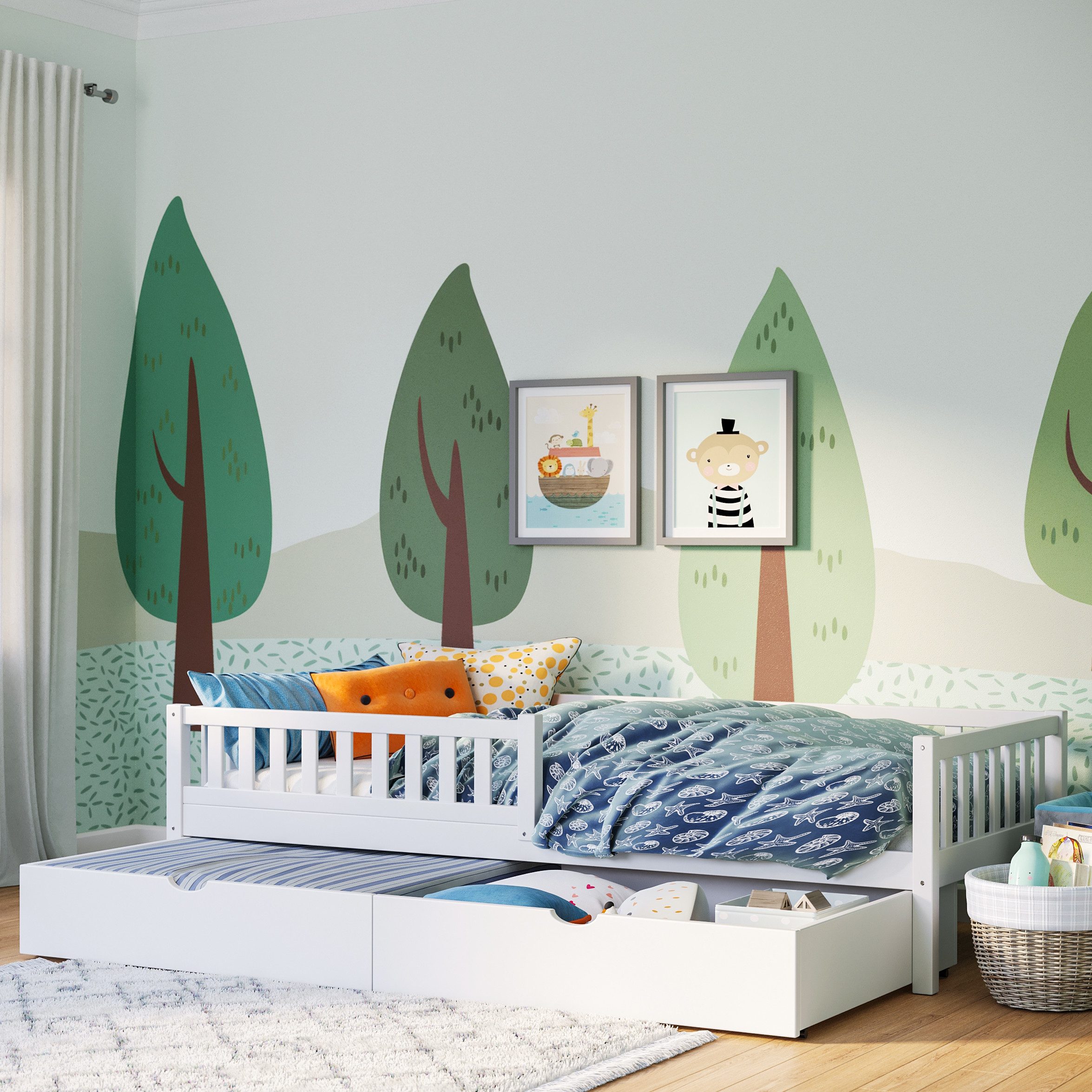 Bellabino Kinderbett Vils (Bett 90x200 cm mit großer Schublade, weiß), mit Lattenrost und Rausfallschutz, aus Kiefer Massivholz
