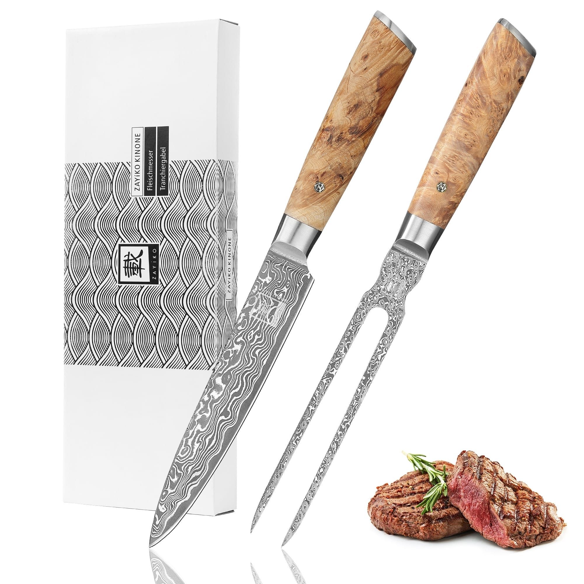 ZAYIKO Messer-Set Kinone Damast 2er Tranchier-Set I 17-18cm Klingen I Wurzelholzgriffe (Damastmesser mit Geschenkbox, 1-tlg., 2er Tranchier-Set), schwarzer Damaststahl, VG10-Kern