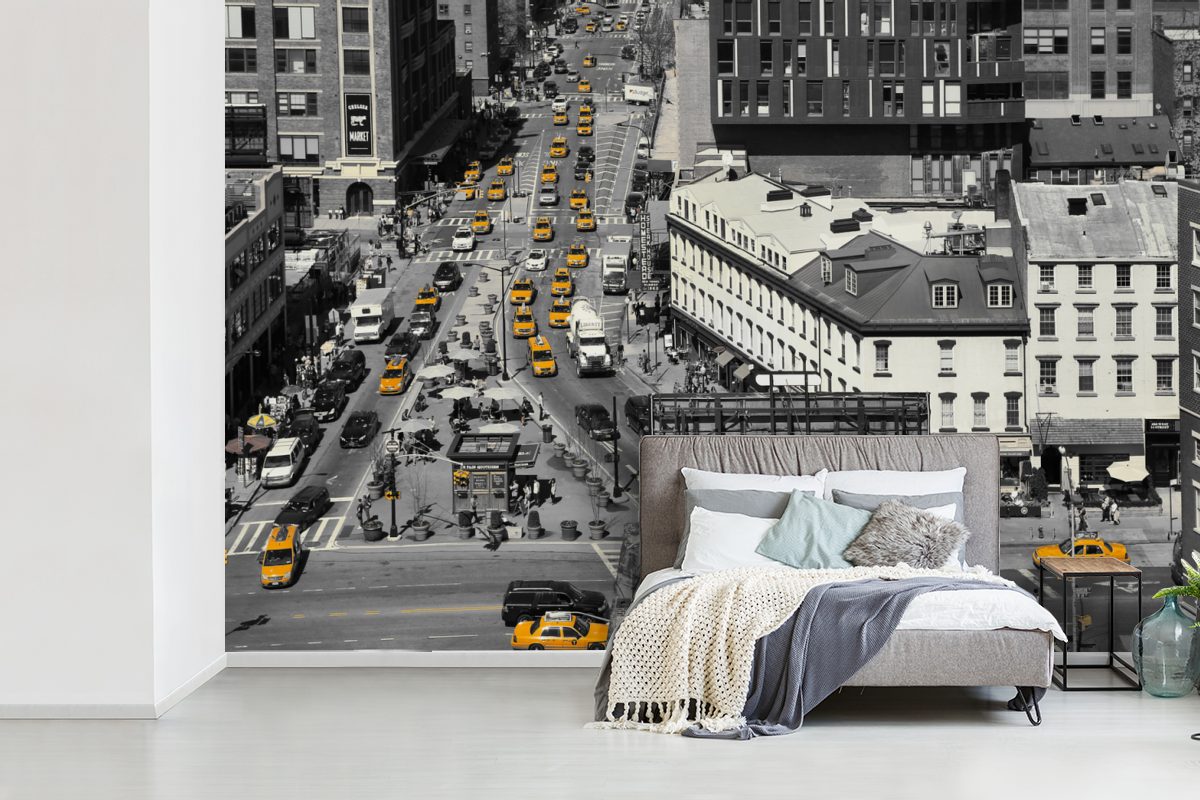 MuchoWow Fototapete Tapete Wohnzimmer, St), Wallpaper (6 Autos für Vinyl Schwarz-Weiß-Luftaufnahme Schlafzimmer, Matt, im mit gelben bedruckt, Verkehr, Kinderzimmer