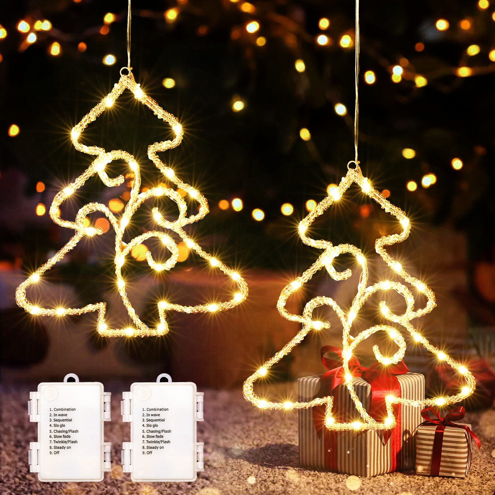 Quntis LED-Lichterkette Lichtervorhang weihnachtsdeko fenster, weihnachtsbaum mit beleuchtung, Warmweiß Beleuchtung mit 8 Modi für Weihanchten/Fenster