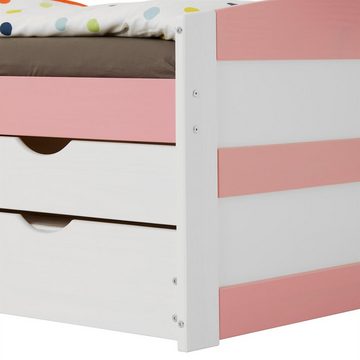 IDIMEX Funktionsbett JESSY, Bett mit Stauraum Kiefer massiv weiß/rosa Jugendbett Gästebett Bett 90