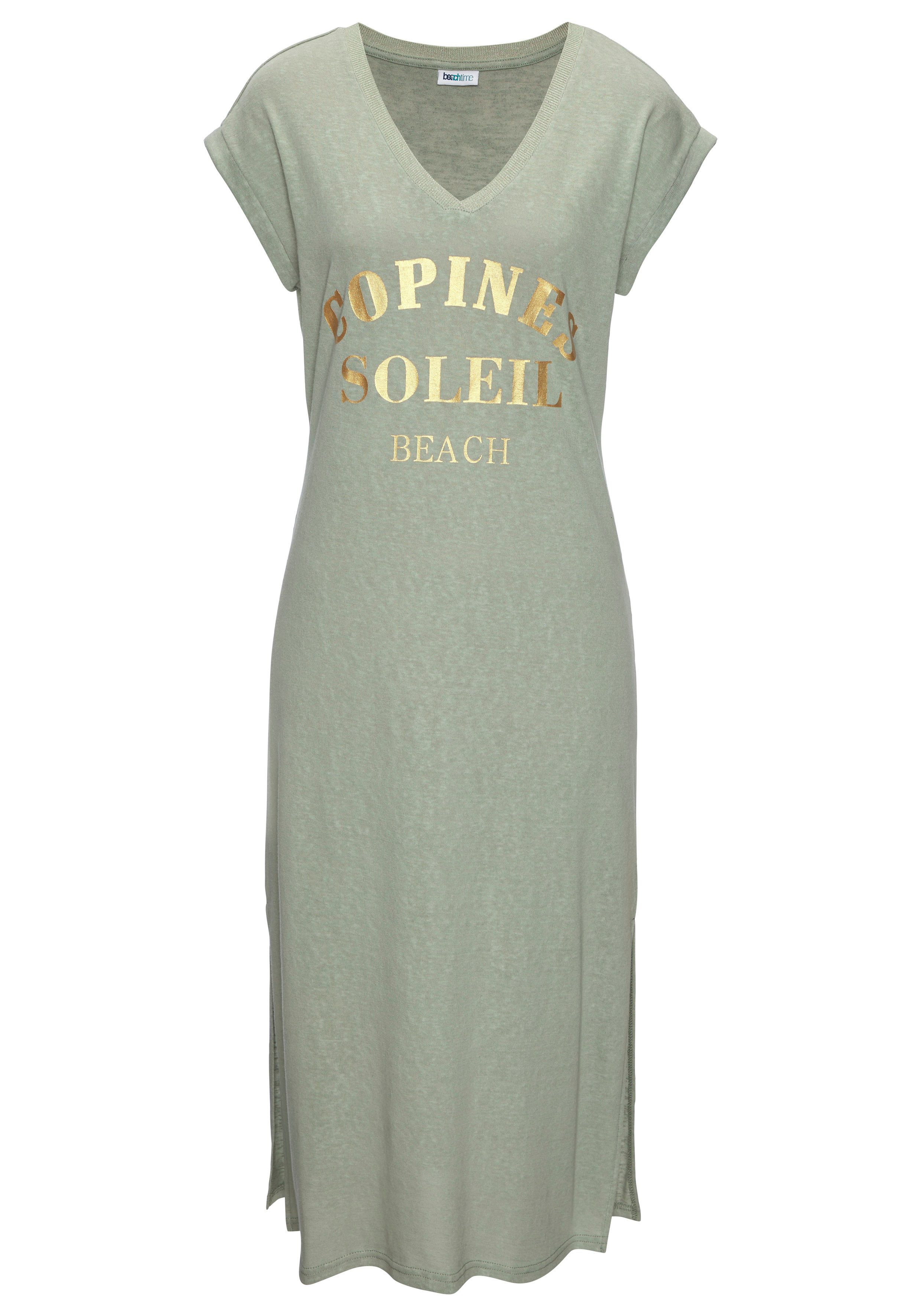 Strandkleid mit glänzendem Foliendruck vorne, langes T-Shirt-Kleid