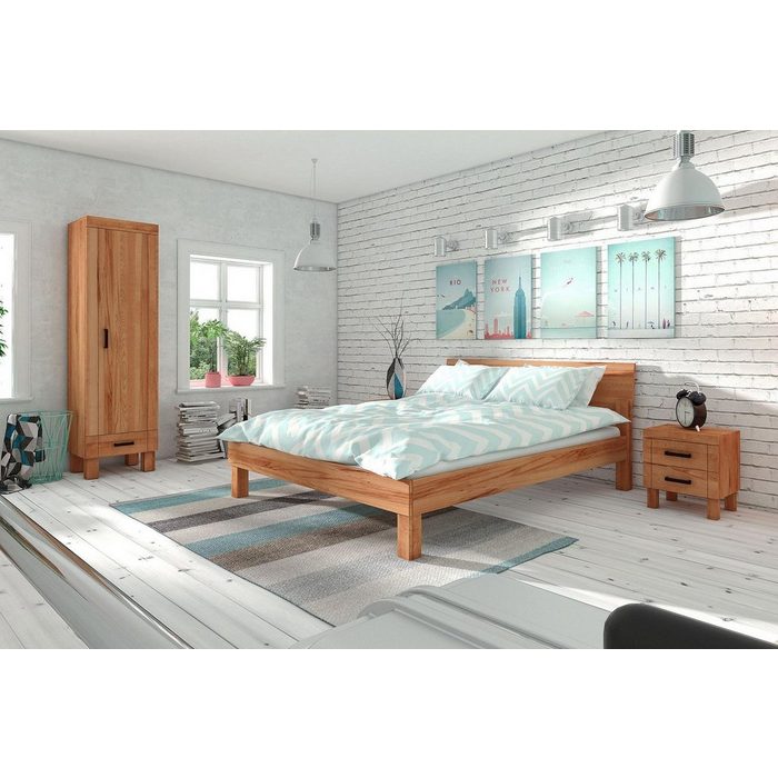 Natur24 Einzelbett Bett Ringo 1 aus Kernbuche massiv 100x200 mit Holzkopfteil und Holzbeinen
