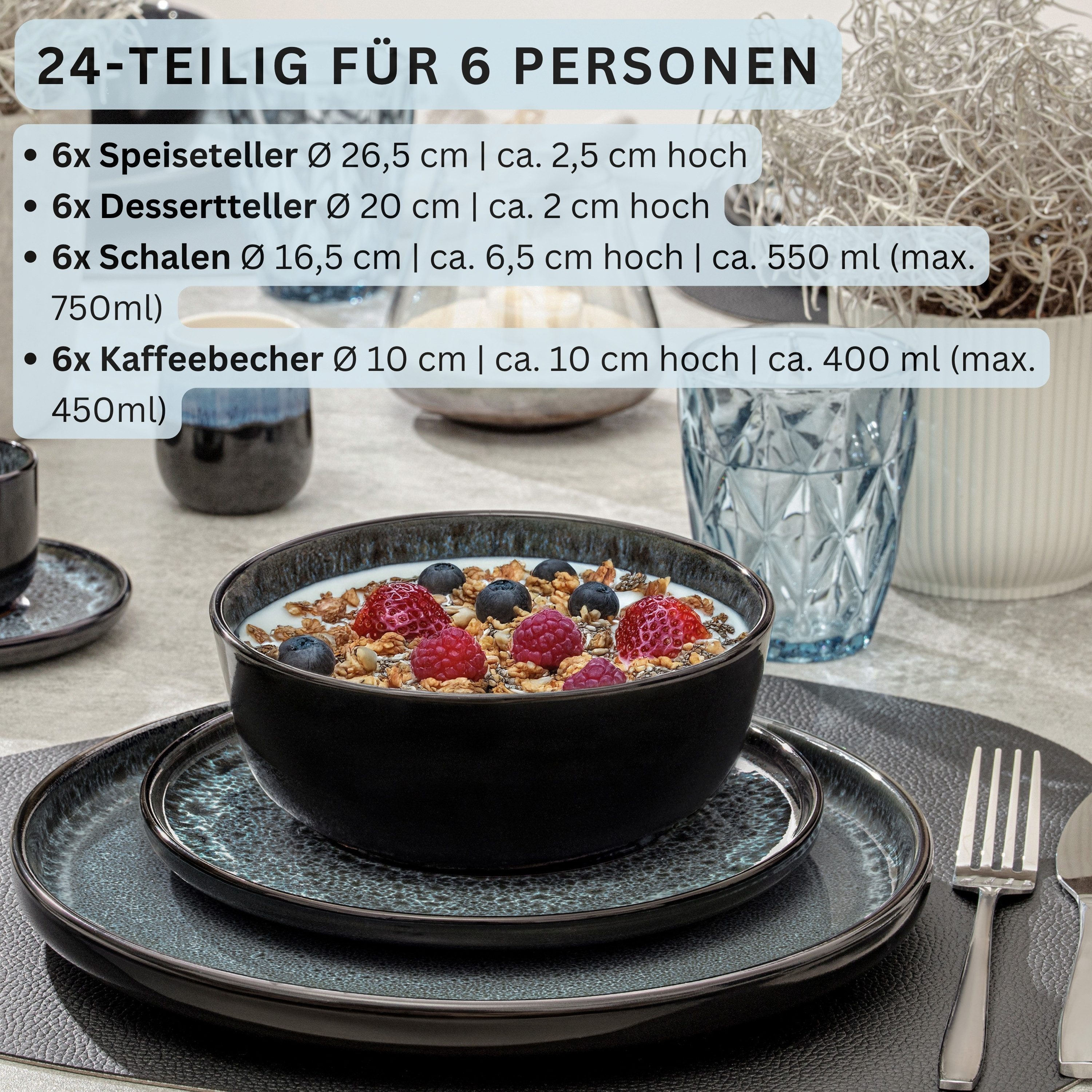 SÄNGER Tafelservice Manila Geschirrset (24-tlg), 6 Personen, Steingut, Blau-Schwarz, Handmade, Erweiterbar, VALUE COLLECTION