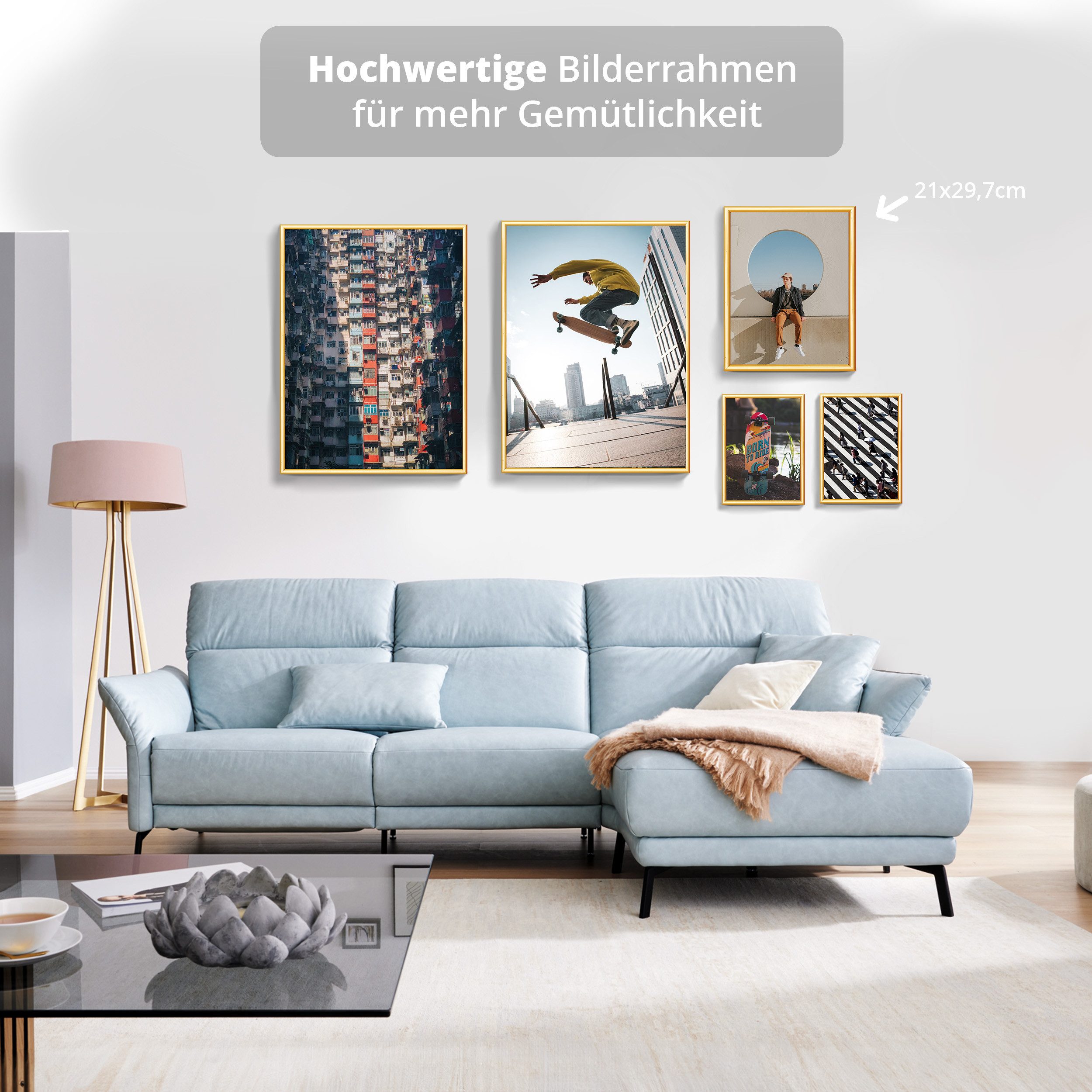 KHG Bilderrahmen 21x30 cm Gold, für 1 Bilder (stabile Glasfront & Kunststoff-Rahmen, 1 St), für Fotos, Poster, Zertifikate & Collagen, Steckanbringung für Hoch- – Bild 3 von 5