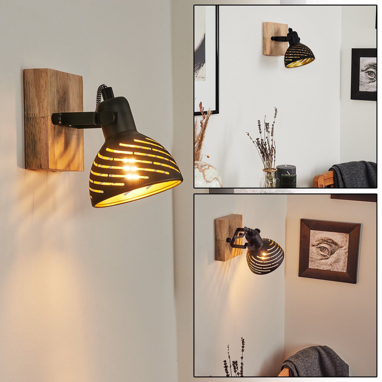 hofstein Wandleuchte »Mitterthal« Wandlampe aus Metall/Holz in Schwarz/Natur, ohne Leuchtmittel, Schirm ist drehbar, m. Lichteffekt, Vintage/Retro Design, 1xE14