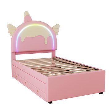 Welikera Prinzessinbett 90*200cm Cartoon Kinderbett,Ausgestattet mit Ausziehbares Rollbett, Einzelbett,Einhornform,PU-Material,Violett,rosa