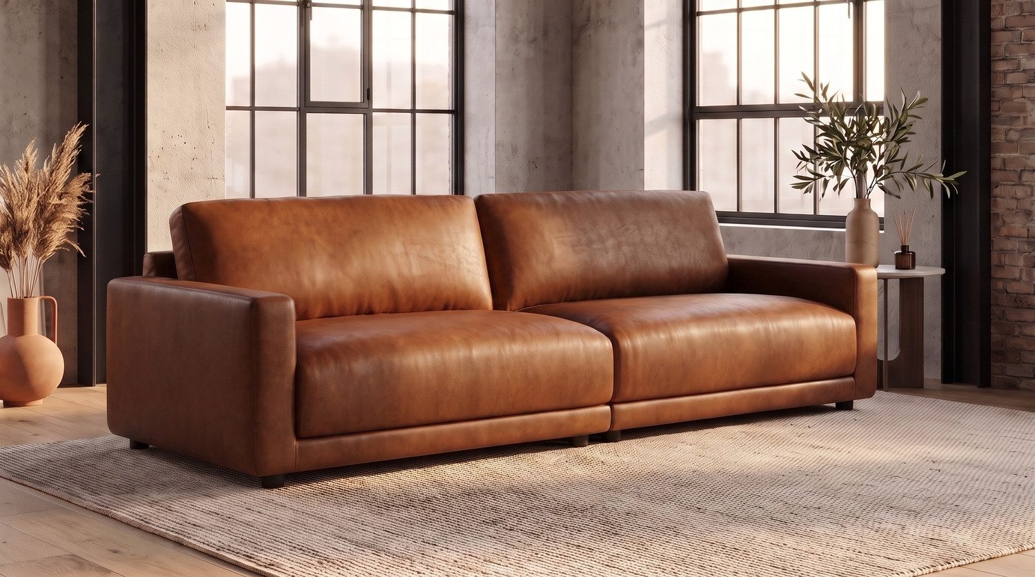 KAWOLA 3-Sitzer MARLIN 3-Sitzer Sofa aus Lederfaserstoff, cognac, 3-Sitzer Sofa Lederfaserstoff cognac