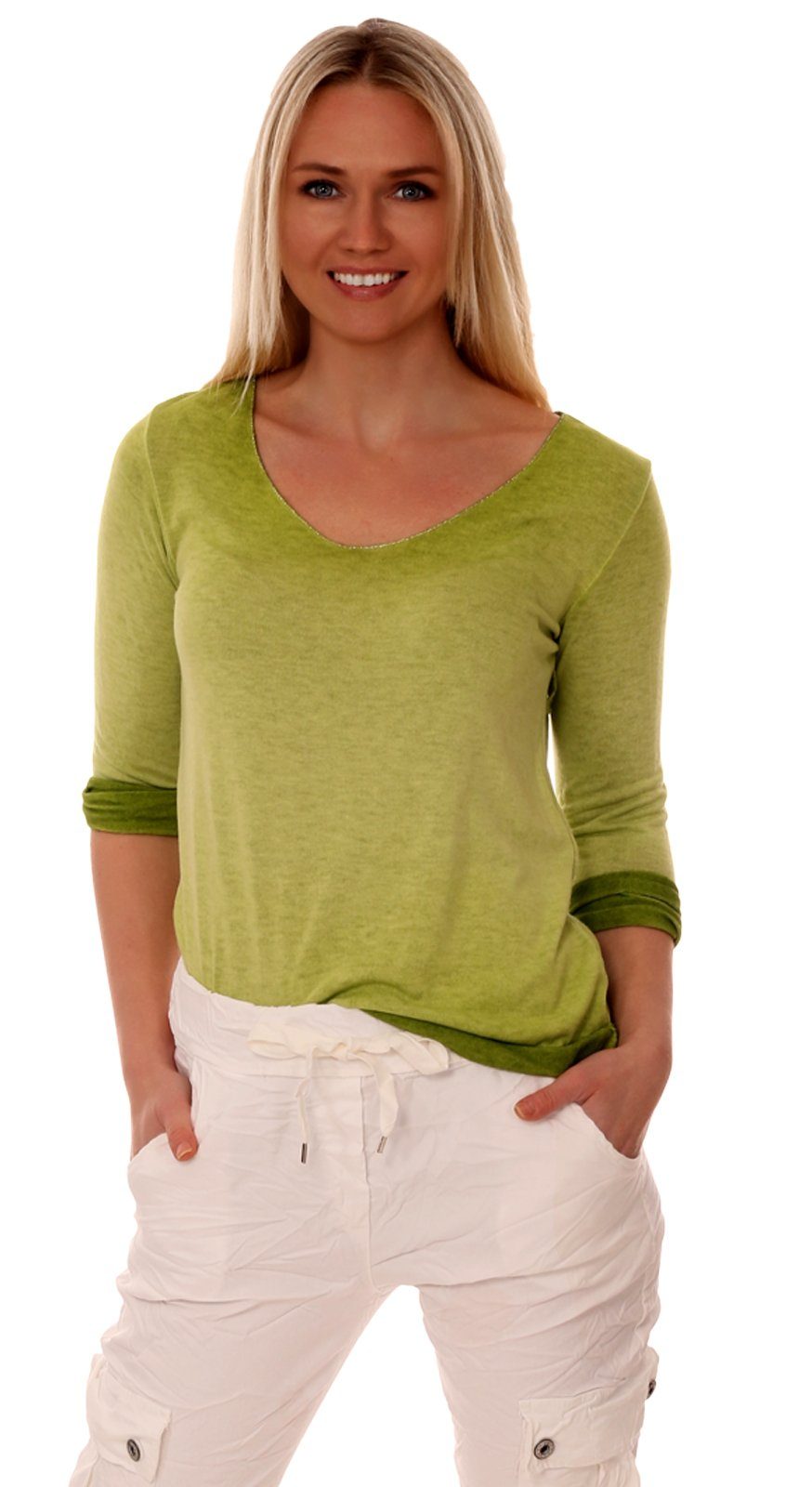 Charis Moda Langarmshirt Shirt Langarm mit Glitzerdetails Apfelgrün | Rundhalsshirts